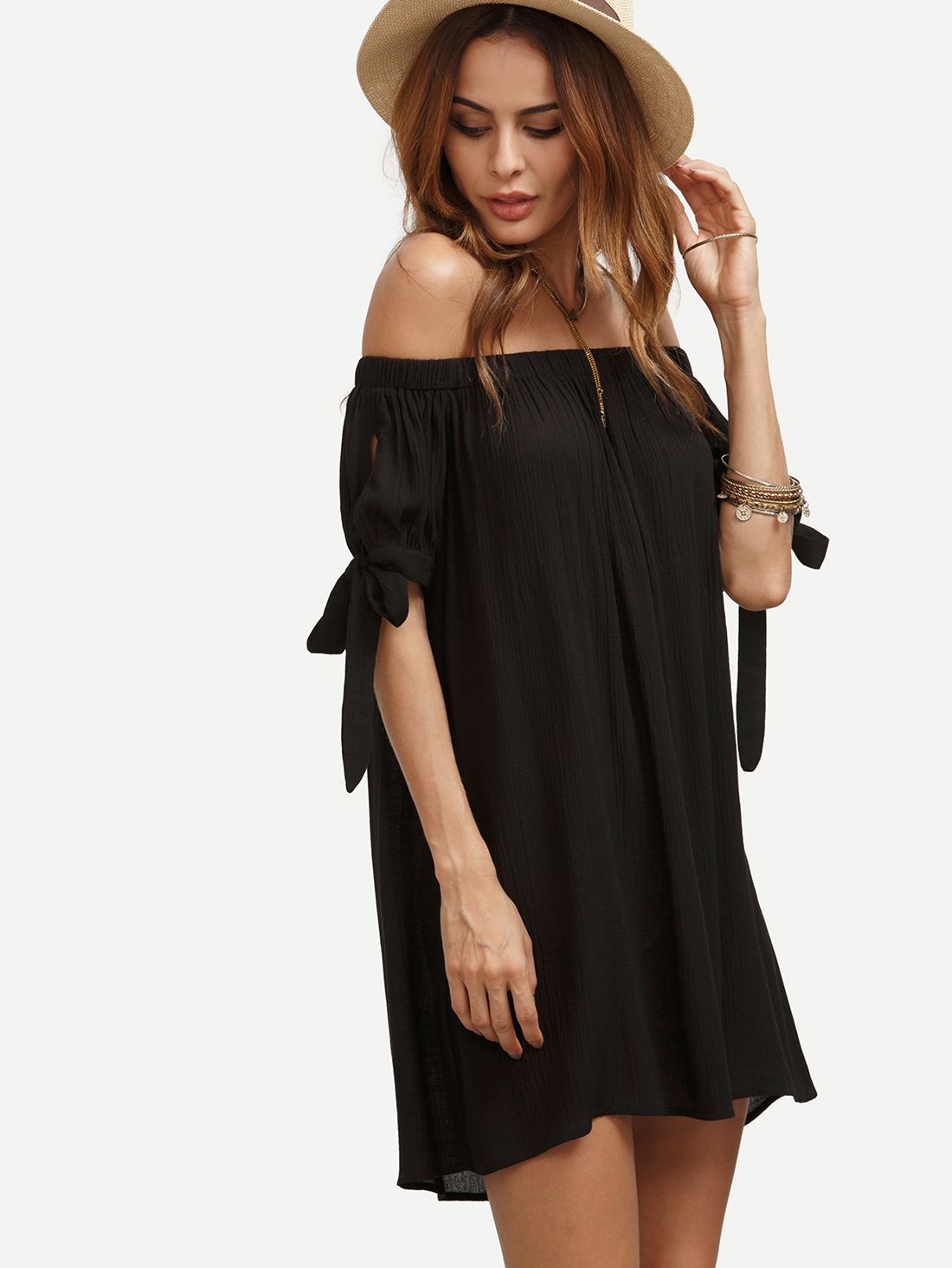 Black Off The Shoulder Tie Cuff Shift Dress