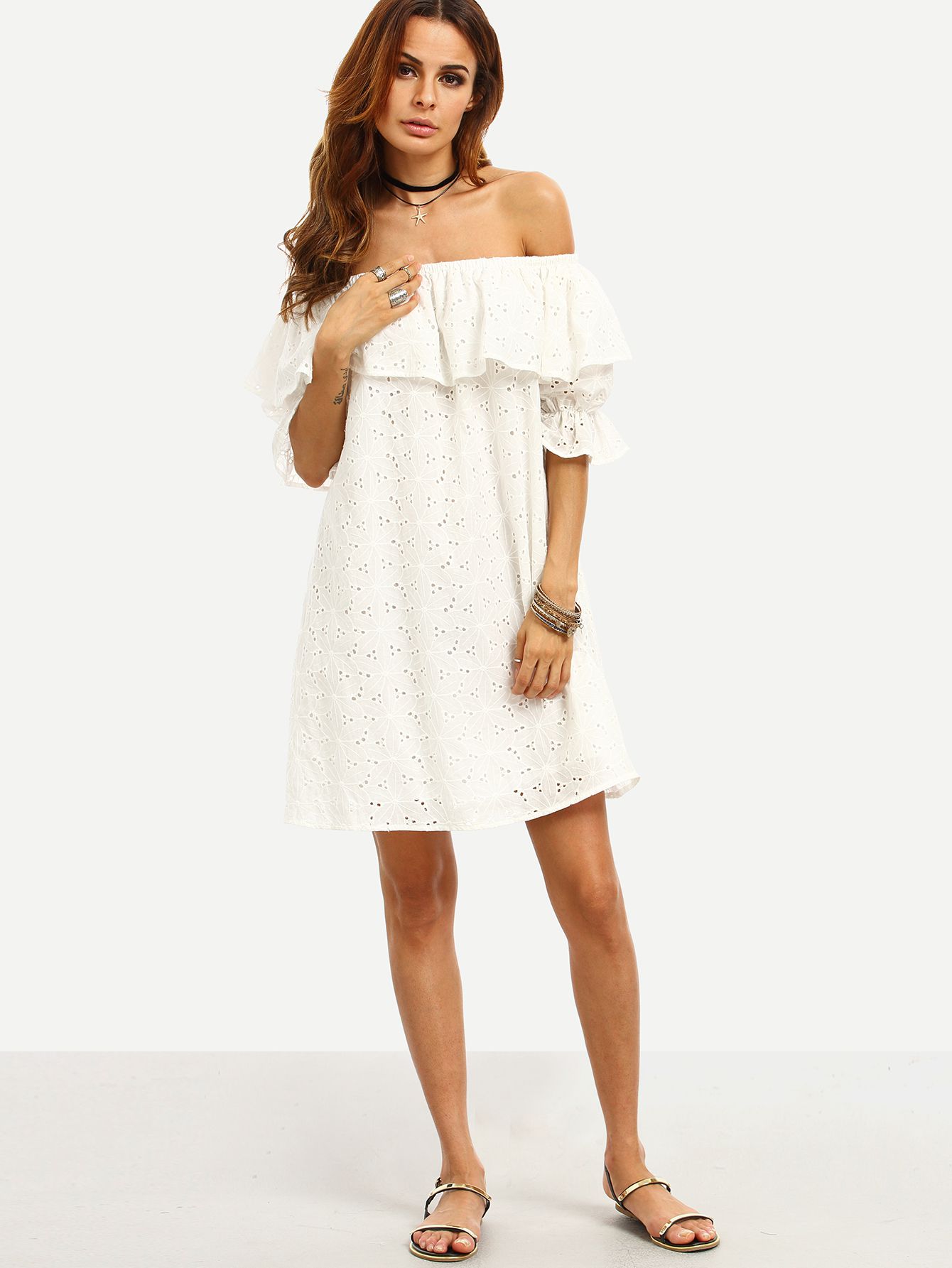 White Ruffle Off The Shoulder Shift Dress