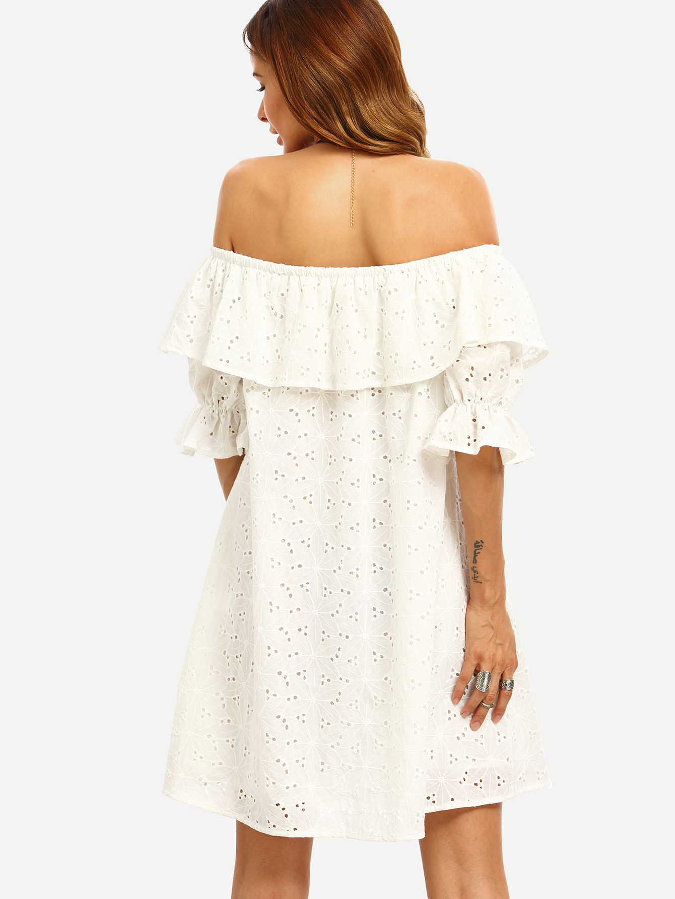 White Ruffle Off The Shoulder Shift Dress