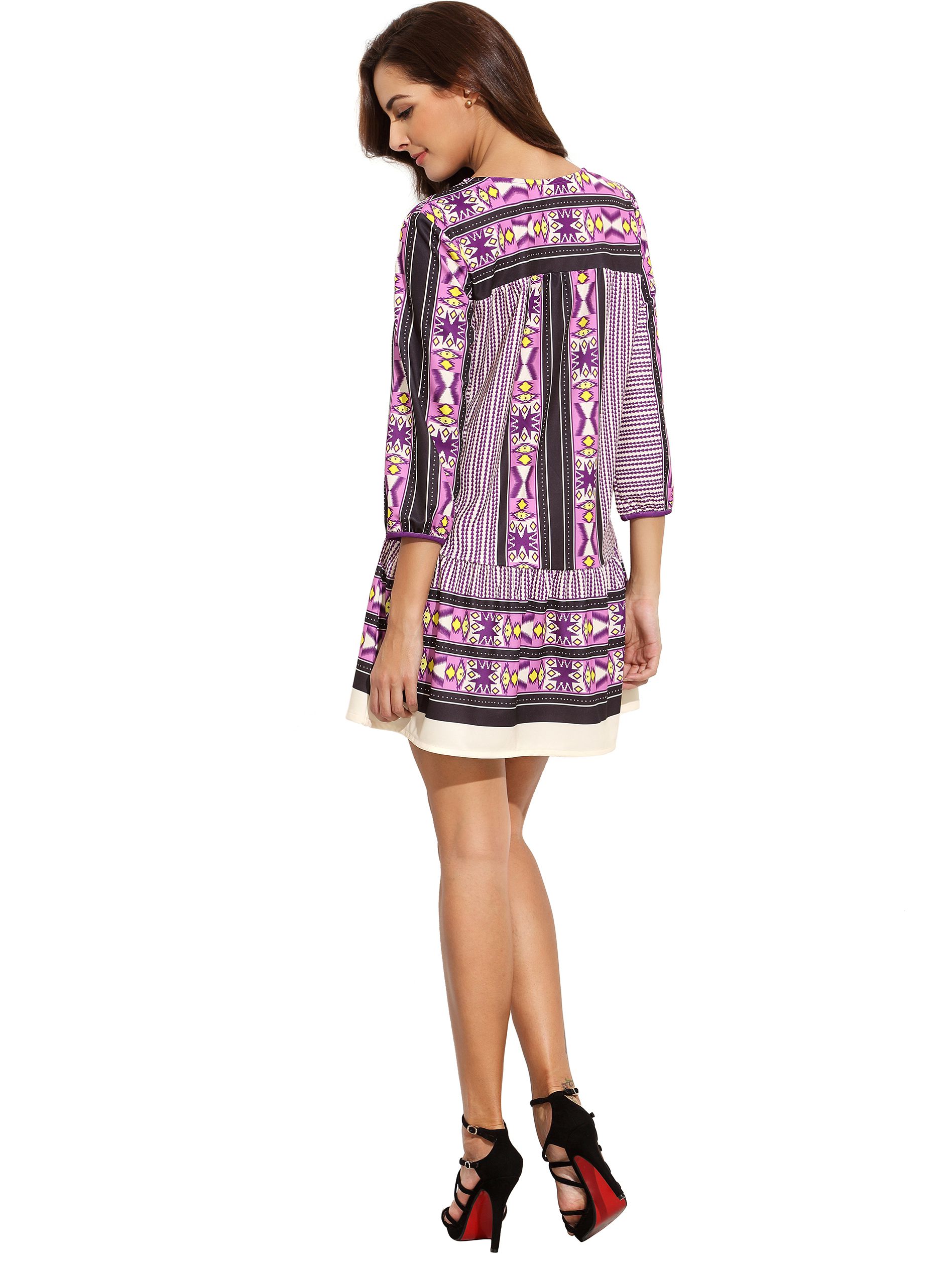 Purple V Neck Vintage Print Dress