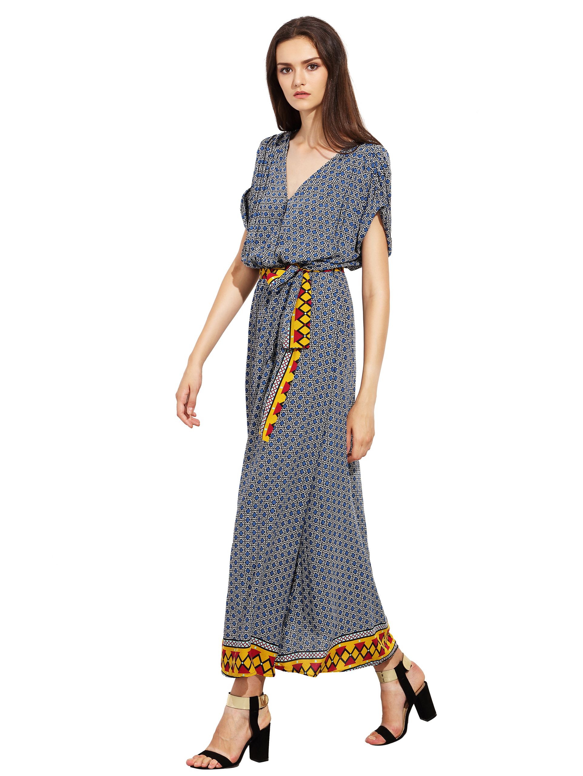 Grey Purple Short Sleeve Geometric Print Split Maxi Dress