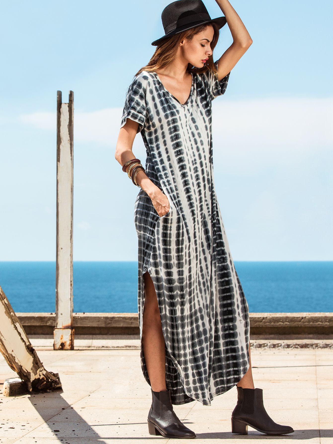 Tie-dye V Neck Short Sleeve Split Long Dress