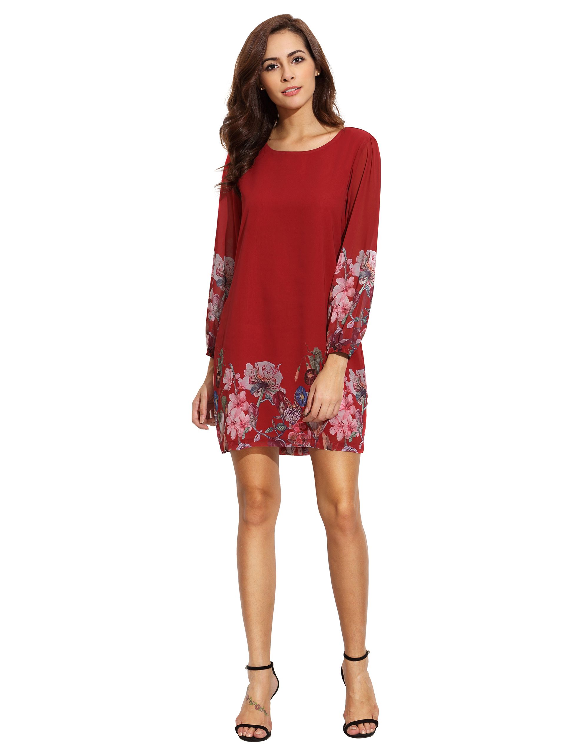 Red Lantern Sleeve Floral Shift Dress