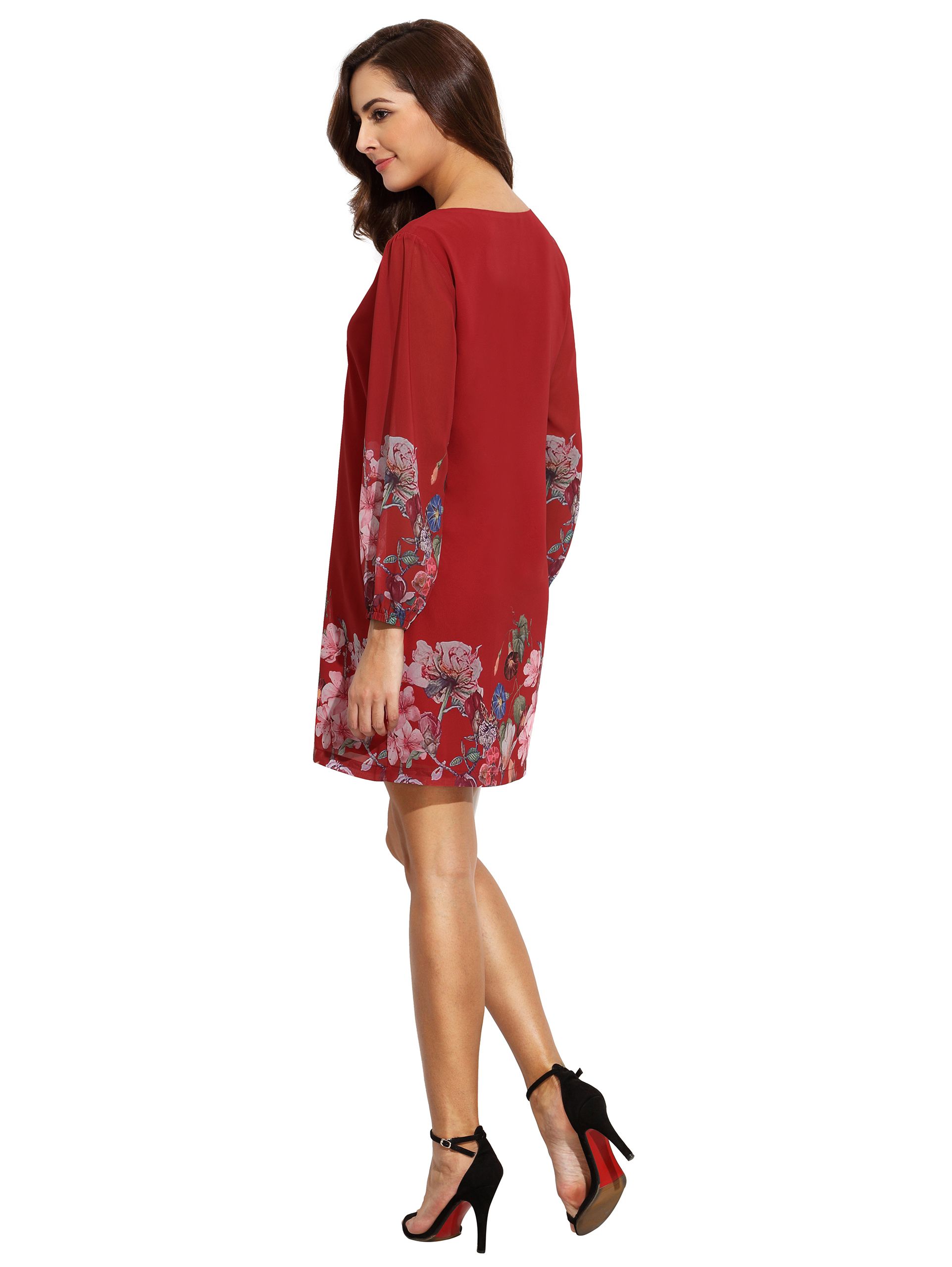 Red Lantern Sleeve Floral Shift Dress