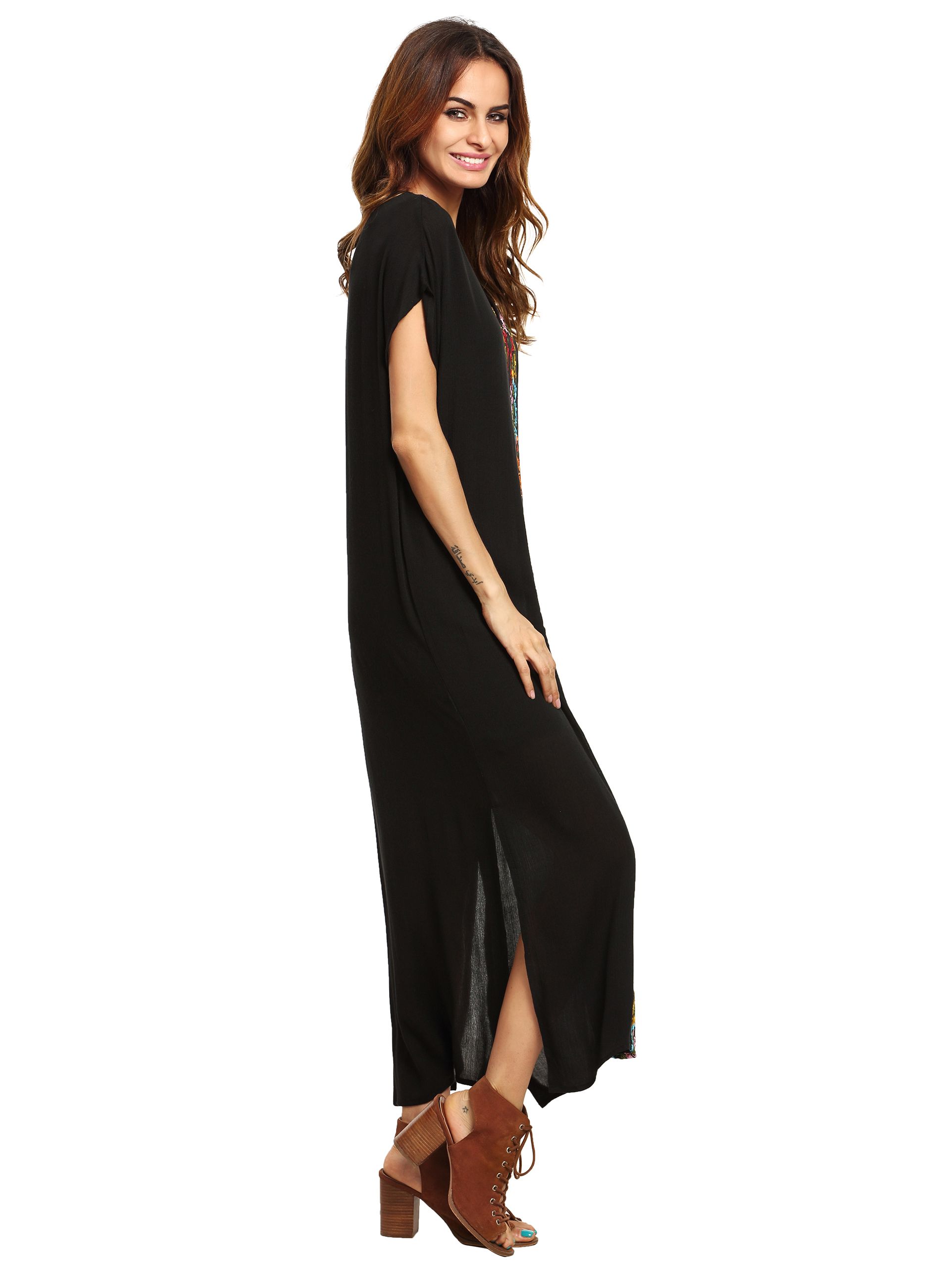 Black Placement Print Split Side Maxi Dress