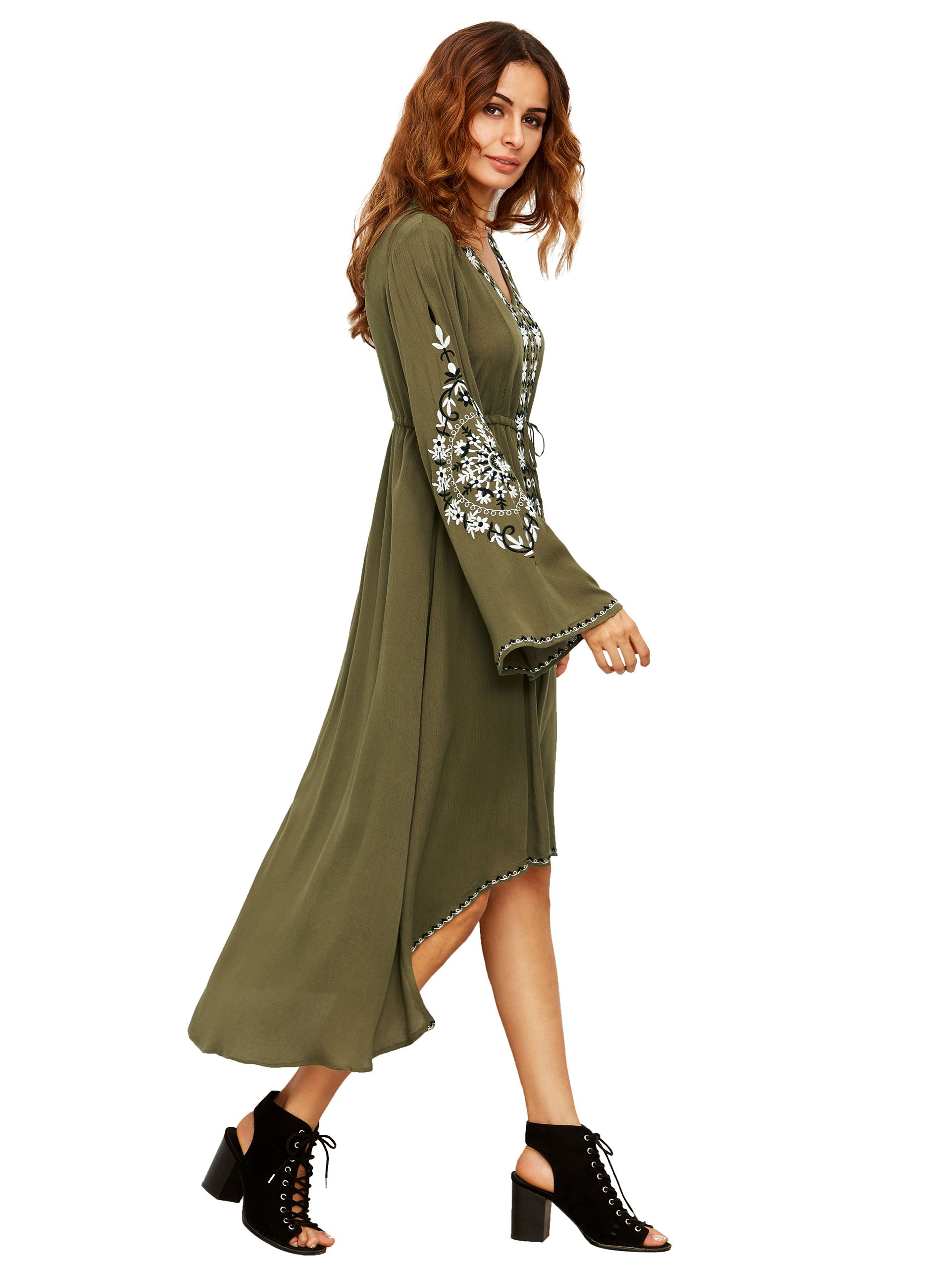 Army Green Bell Sleeve Tribal Print Dress