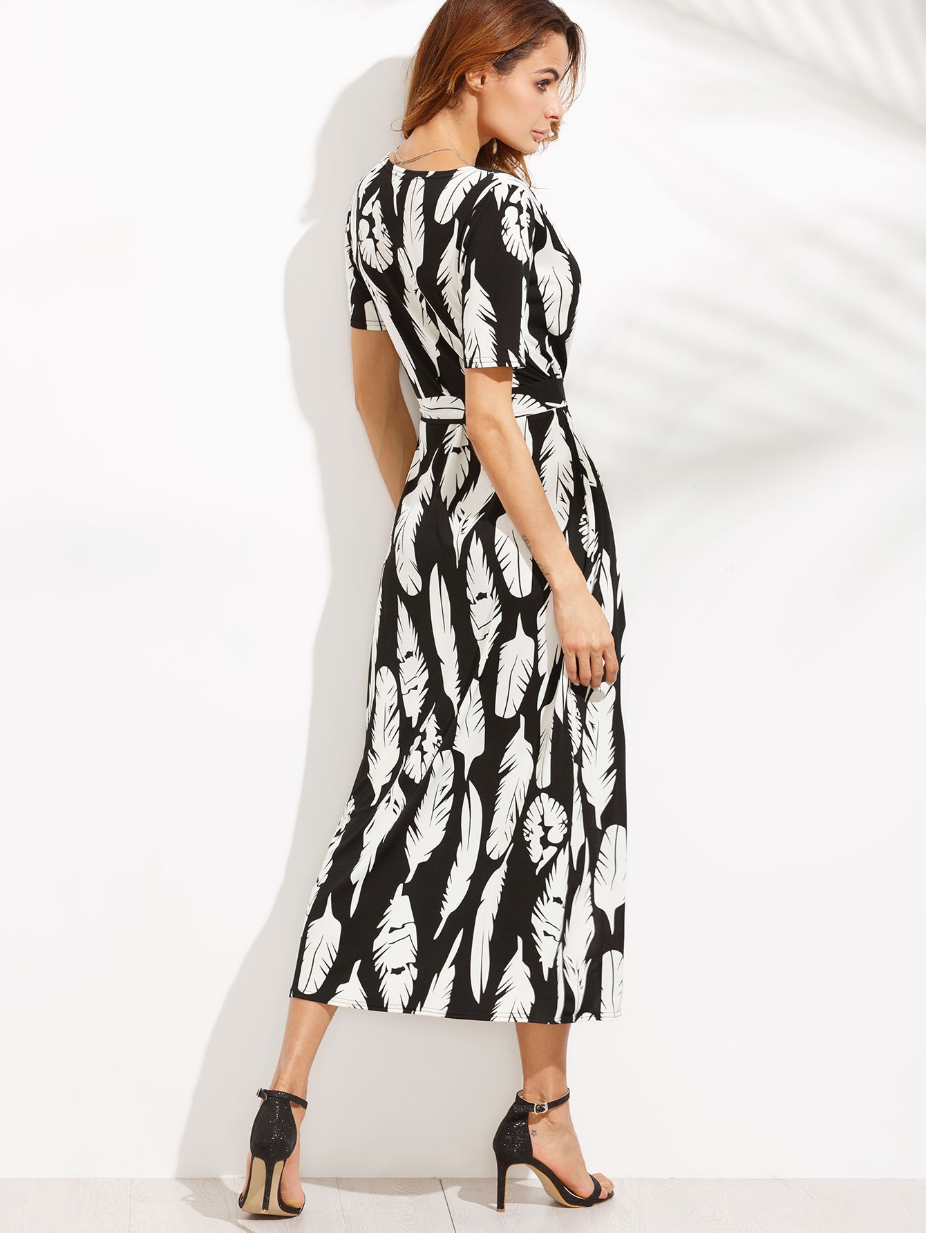 Deep V Neck Feather Print Self Tie Split Wrap Dress