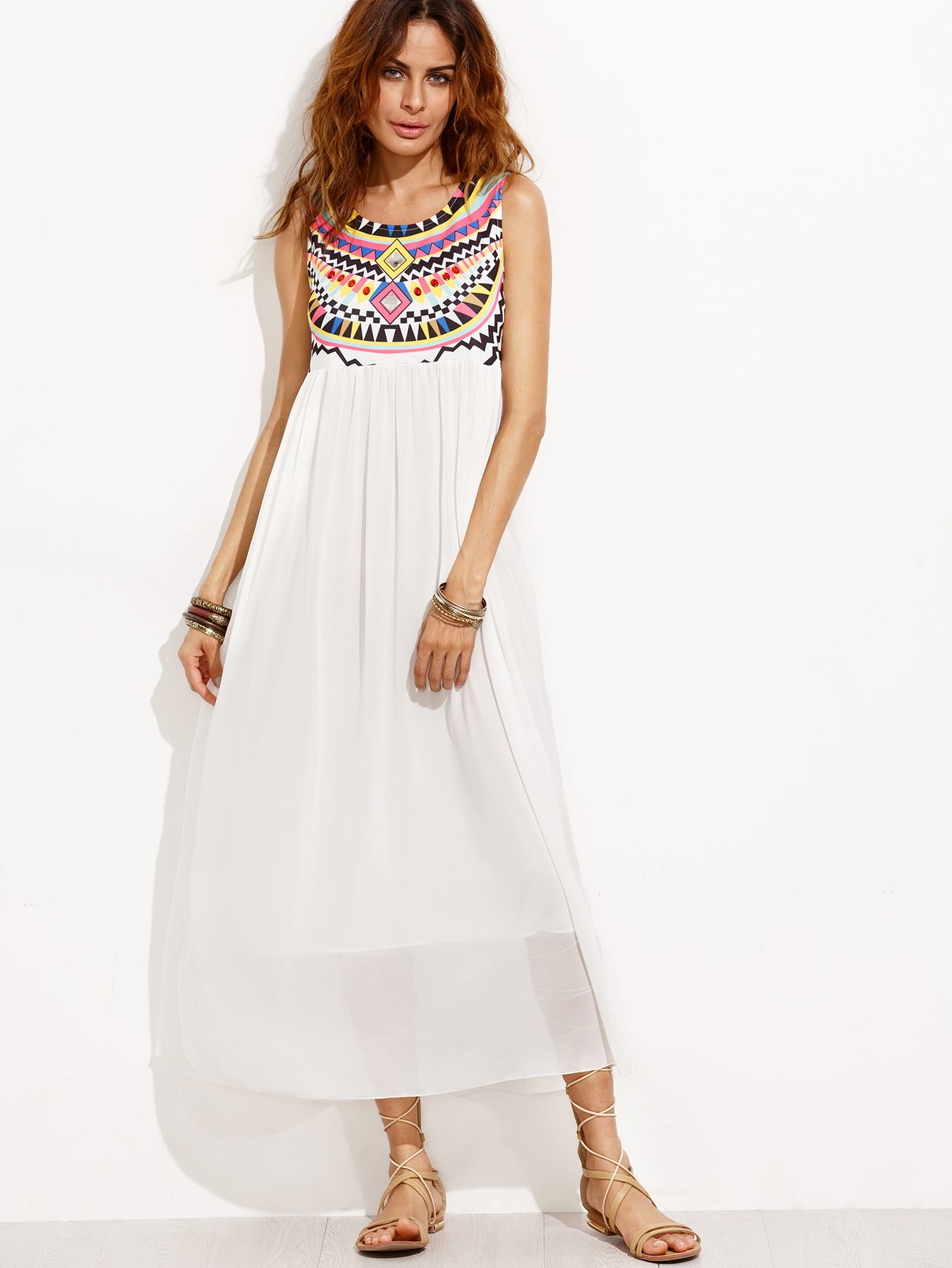 White Tribal Print Chiffon Dress