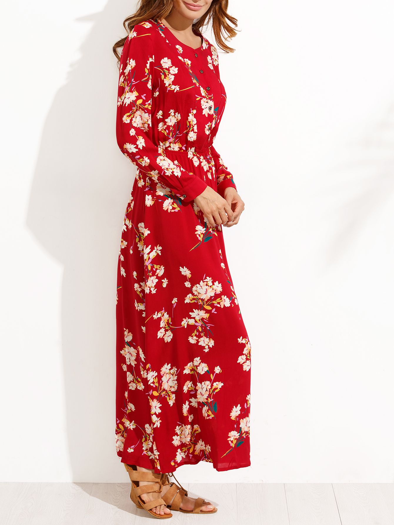 Red Floral Print Buttons Front Shirt Dress