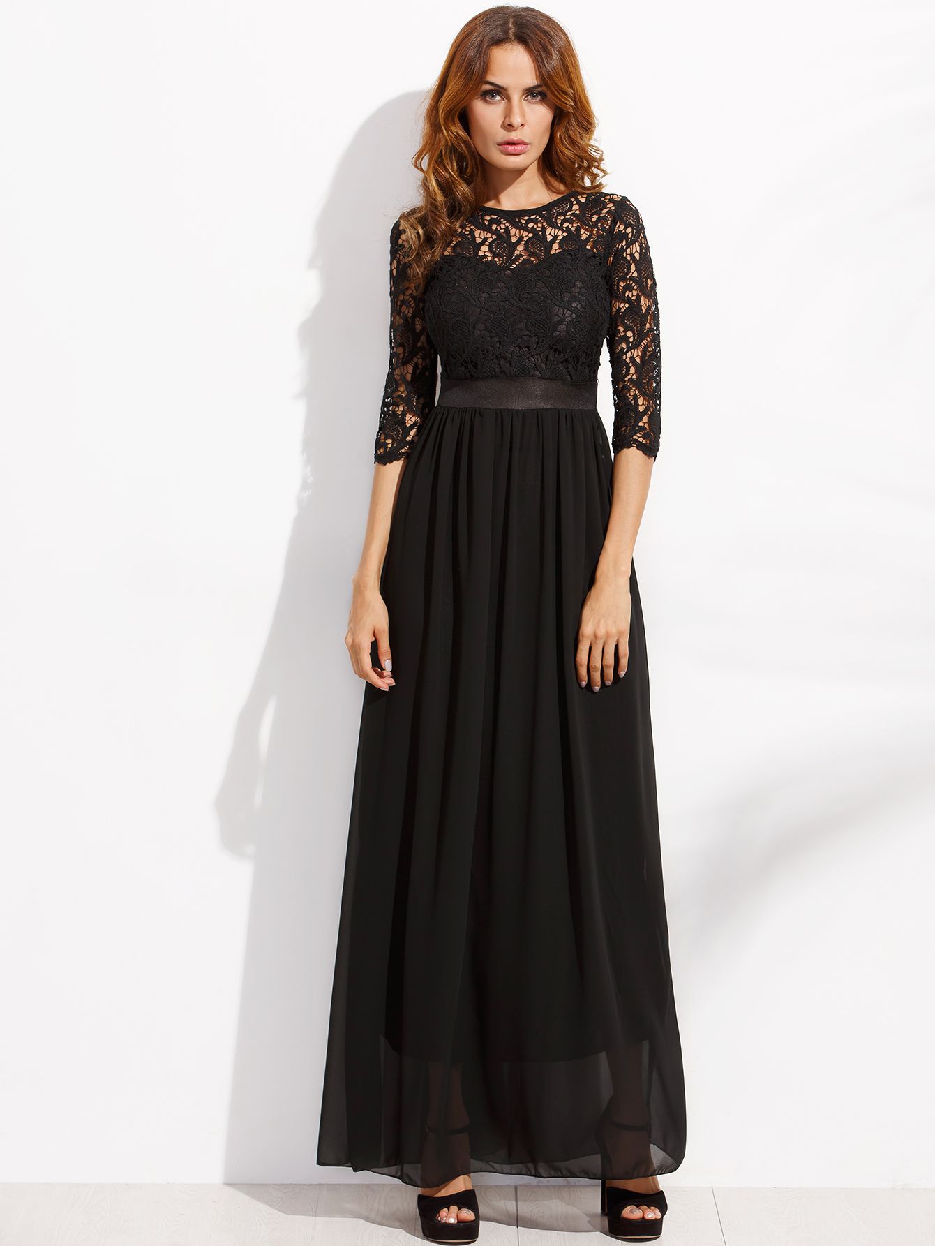 Black Lace Overlay Maxi Chiffon Dress