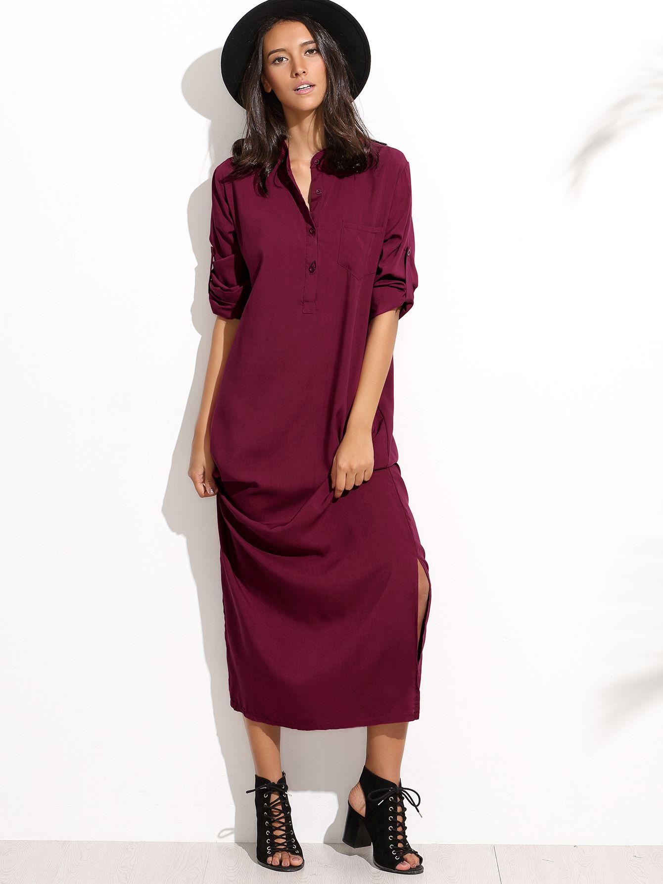 Burgandy Split Side Shirt Dress