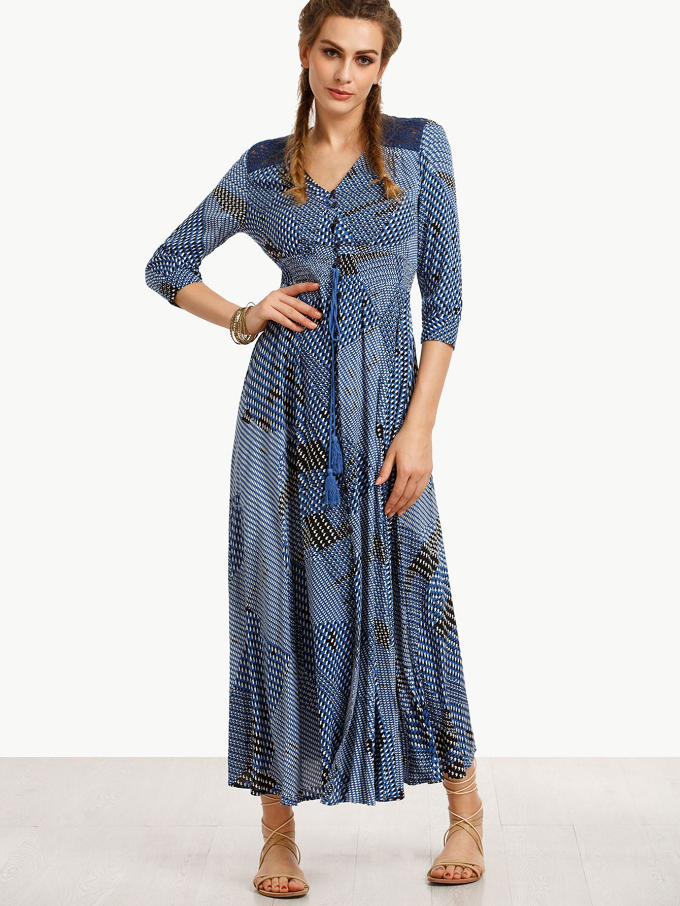 Blue Print Crochet Insert Drawstring Button Front Dress