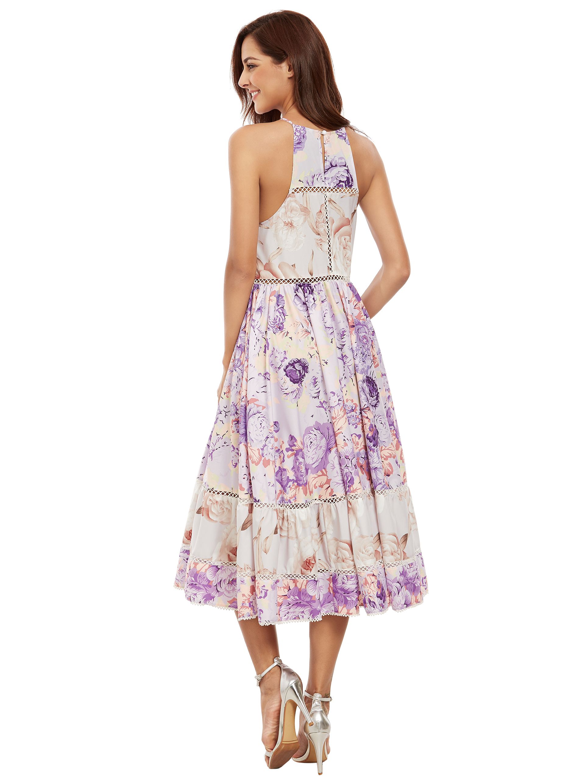 Multicolor Print Ruffle Hem Flare Midi Dress