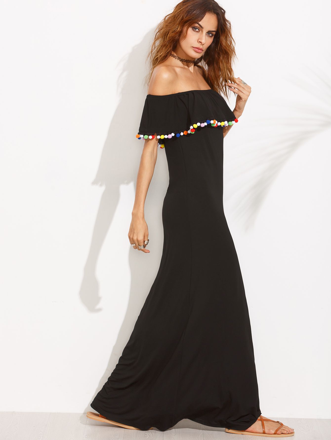 Black Off The Shoulder Pom-pom Trim Split Maxi Dress