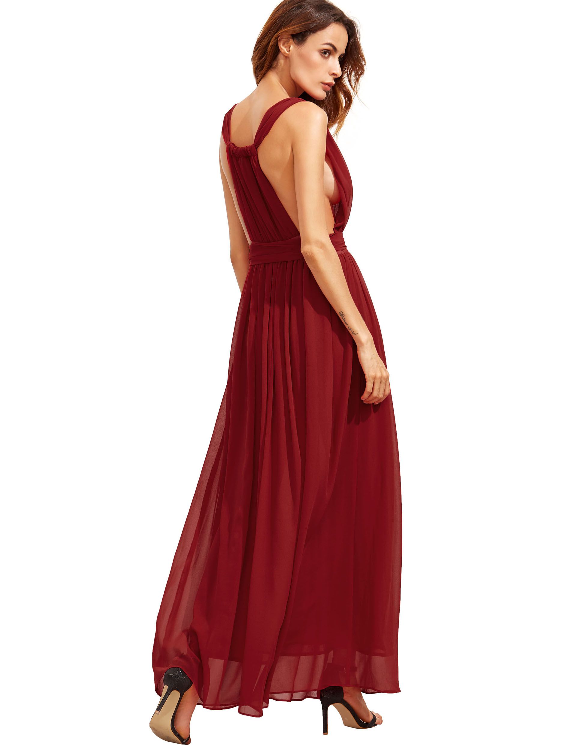 Red Deep V Neck Self-tie Waist Maxi Dress