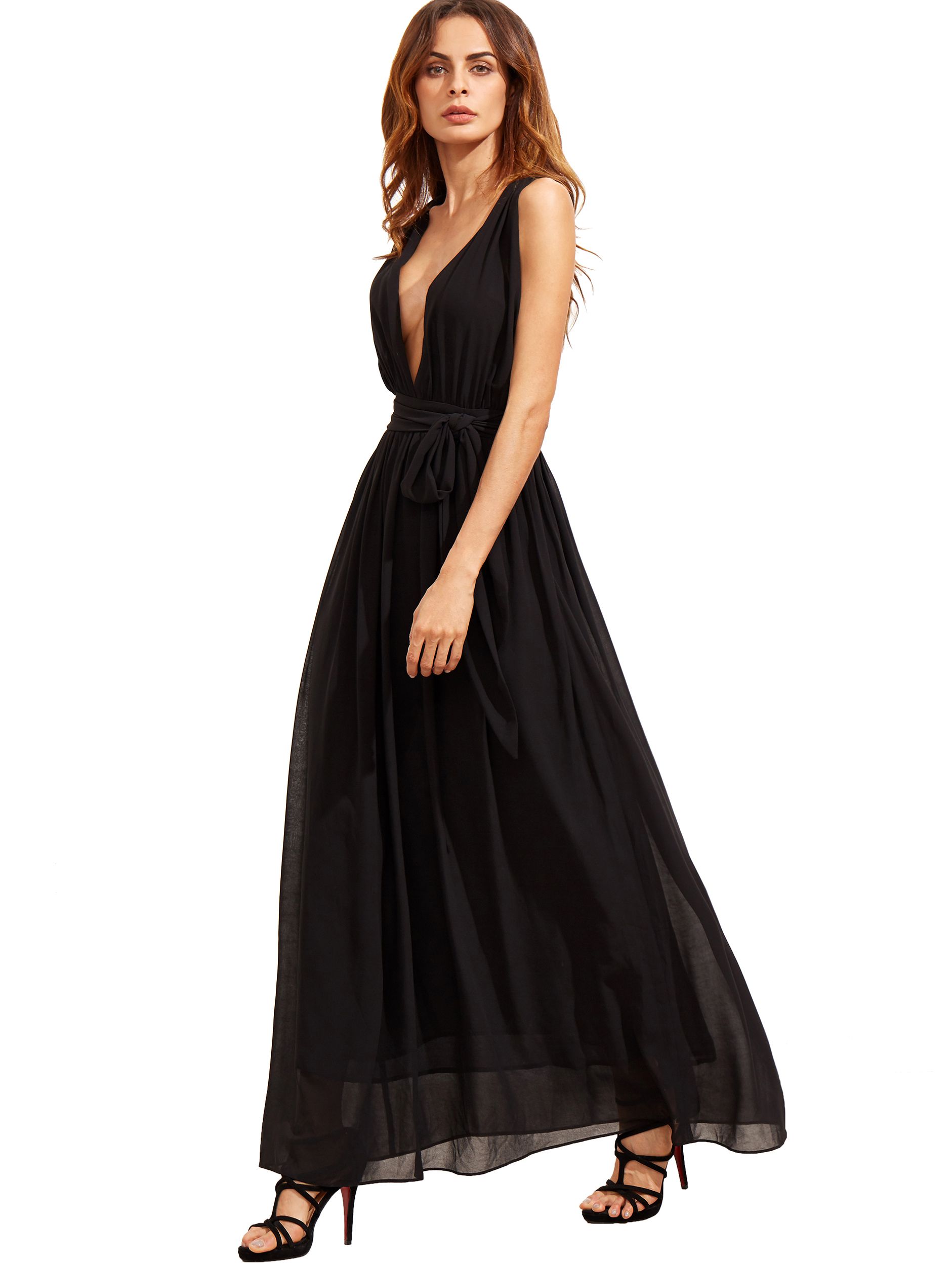 Black Deep V Neck Self-tie Waist Maxi Dress