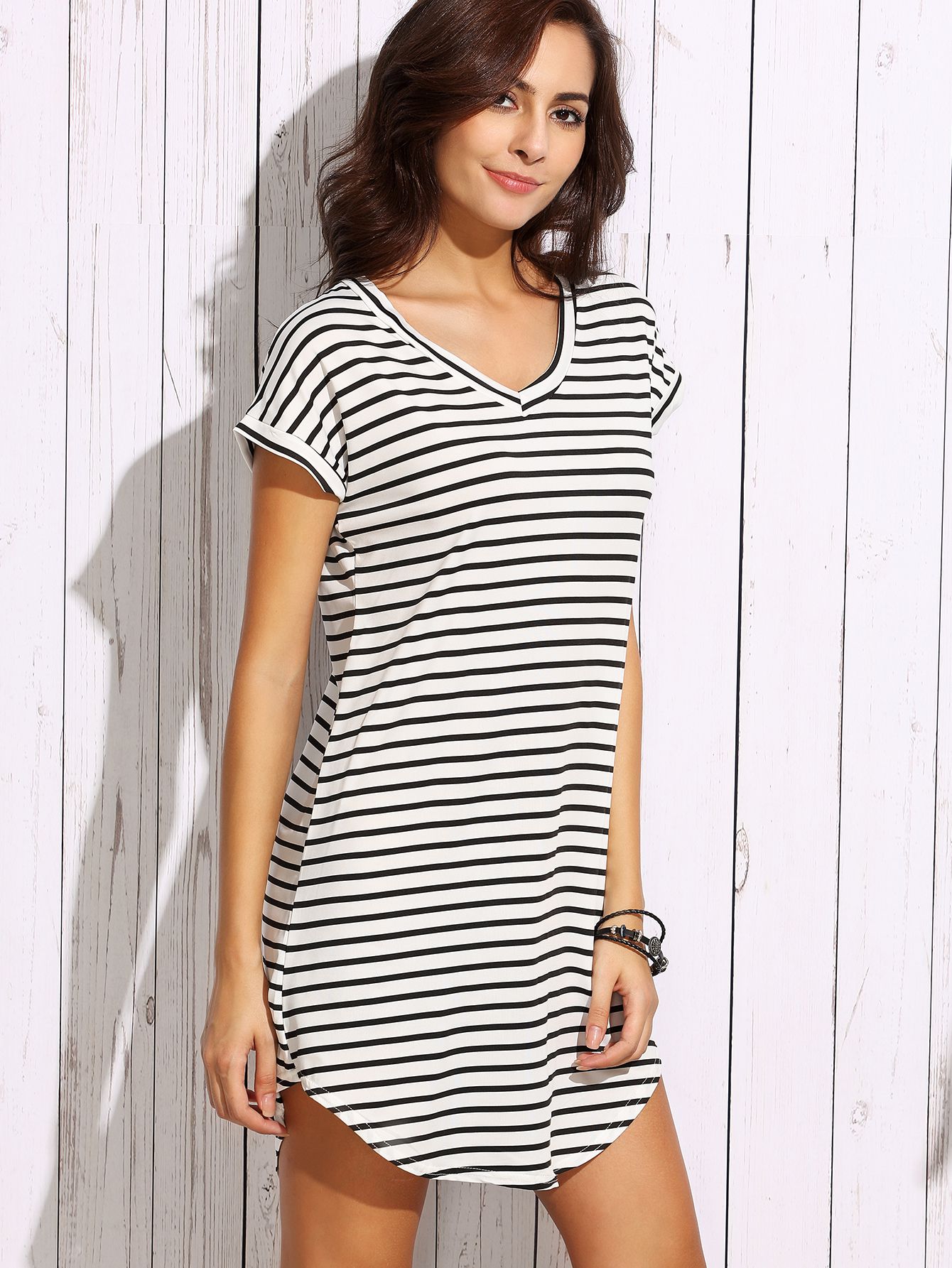 Black White Striped Drop Shoulder Tshirt Dress