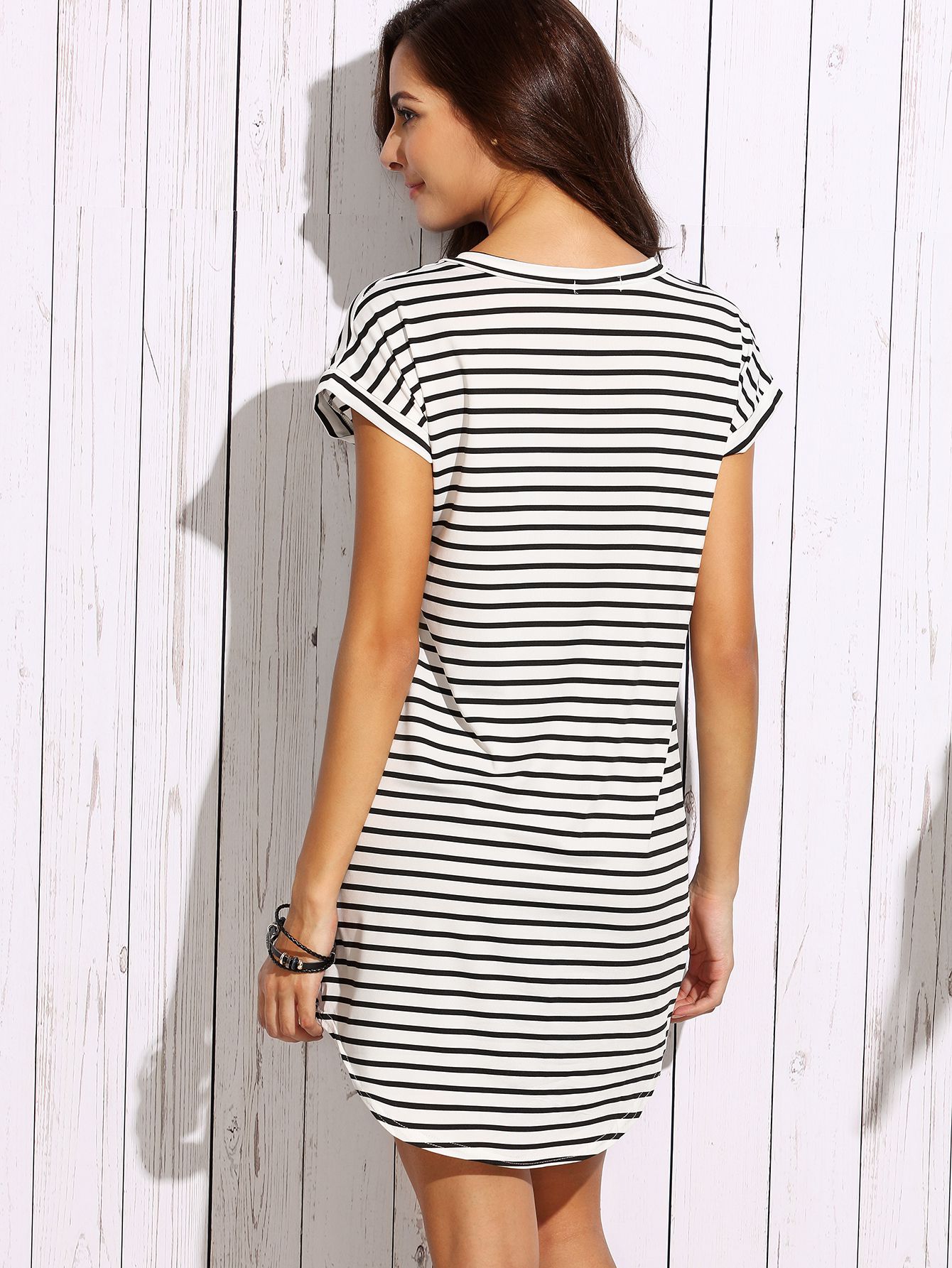 Black White Striped Drop Shoulder Tshirt Dress