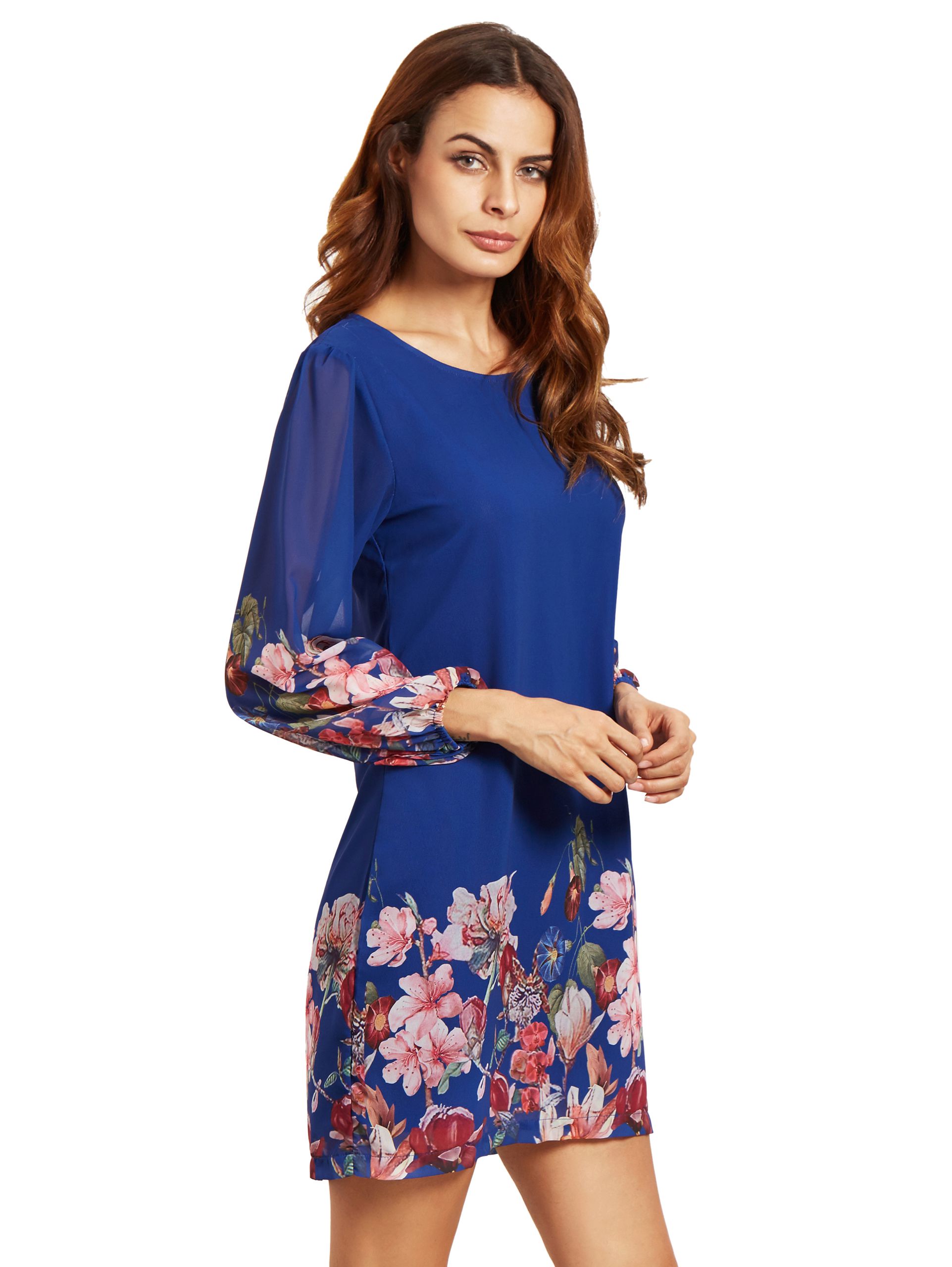 Blue Lantern Sleeve Floral Shift Dress