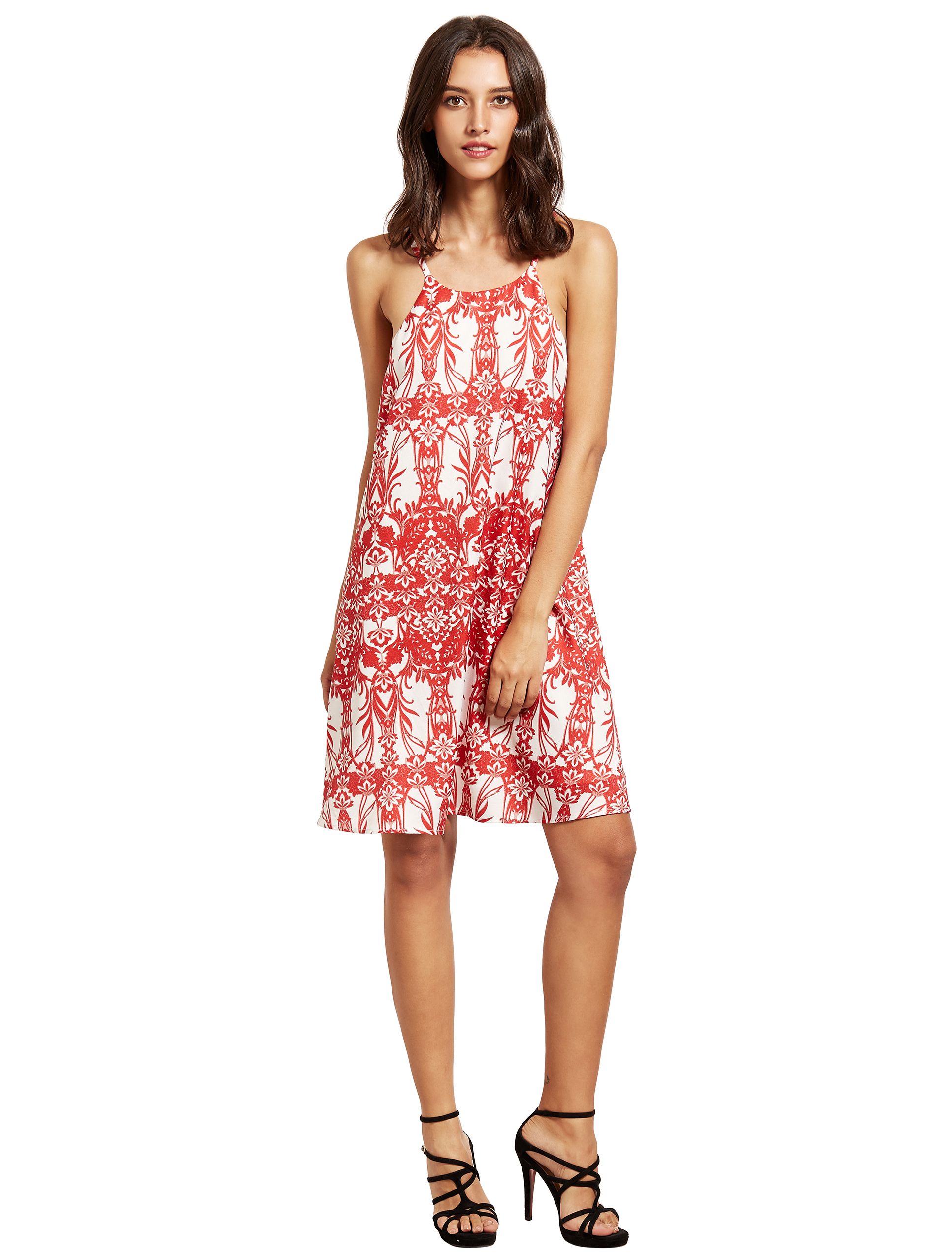 Red Print In White Spaghetti Strap Shift Dress