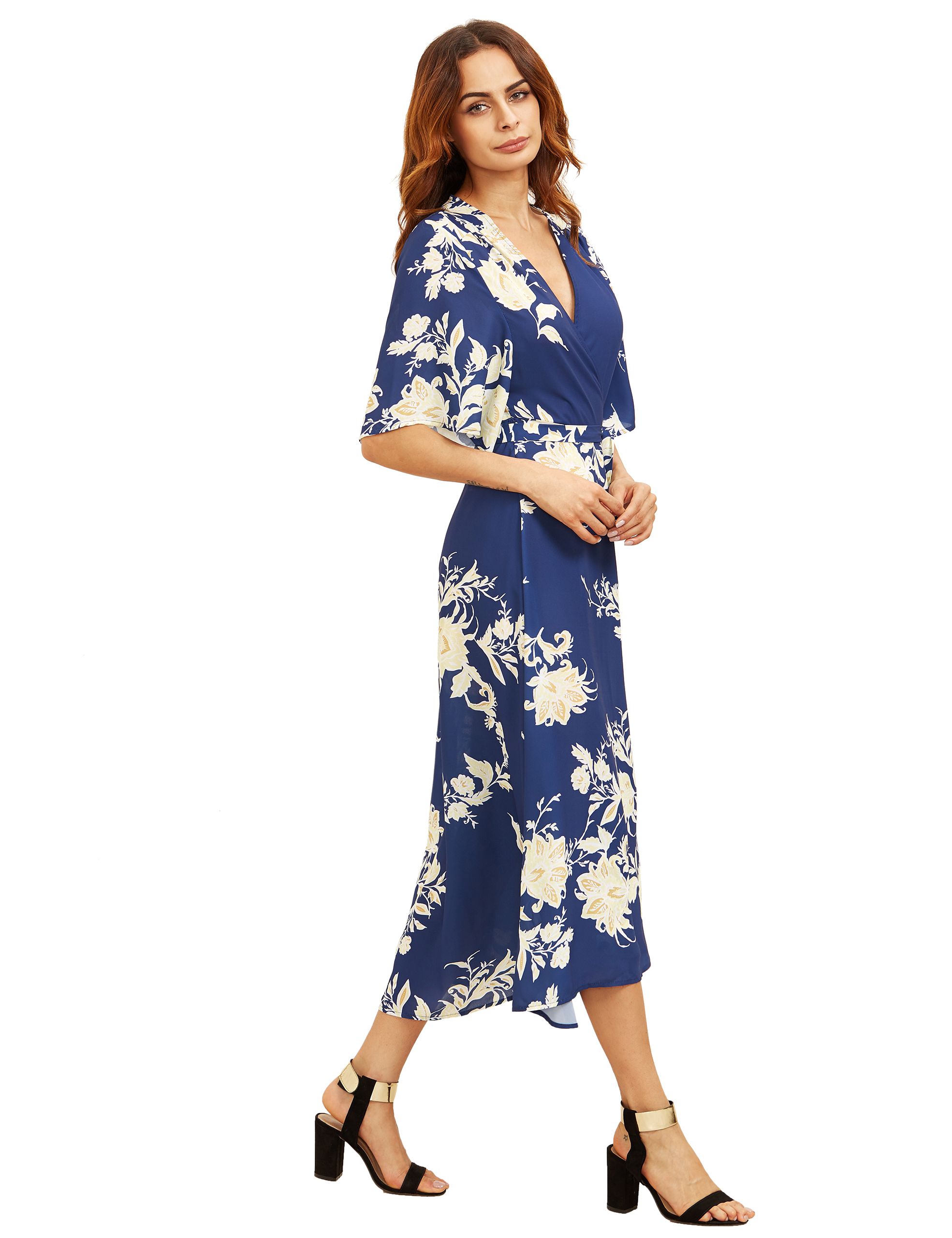 V Neck Florals Wrap Dress