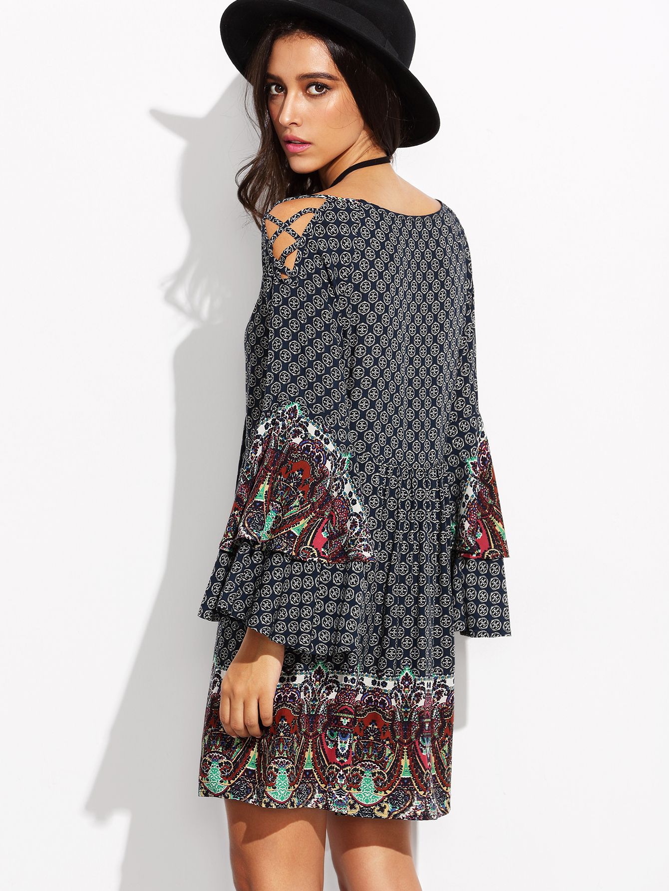 Multicolor Print Criss Cross Bell Sleeve Shift Dress