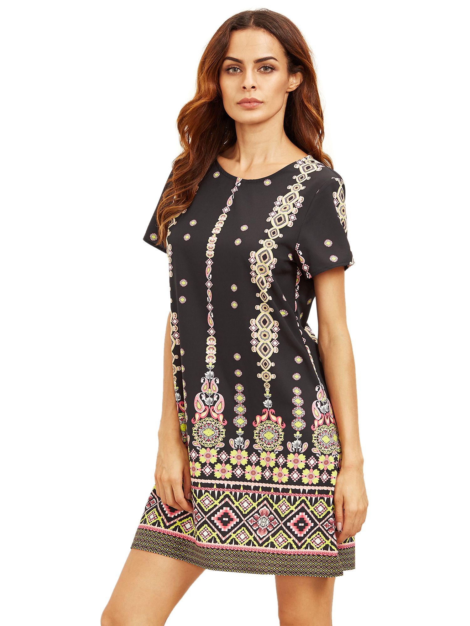 Pink In Black Aztec Print Shift Dress