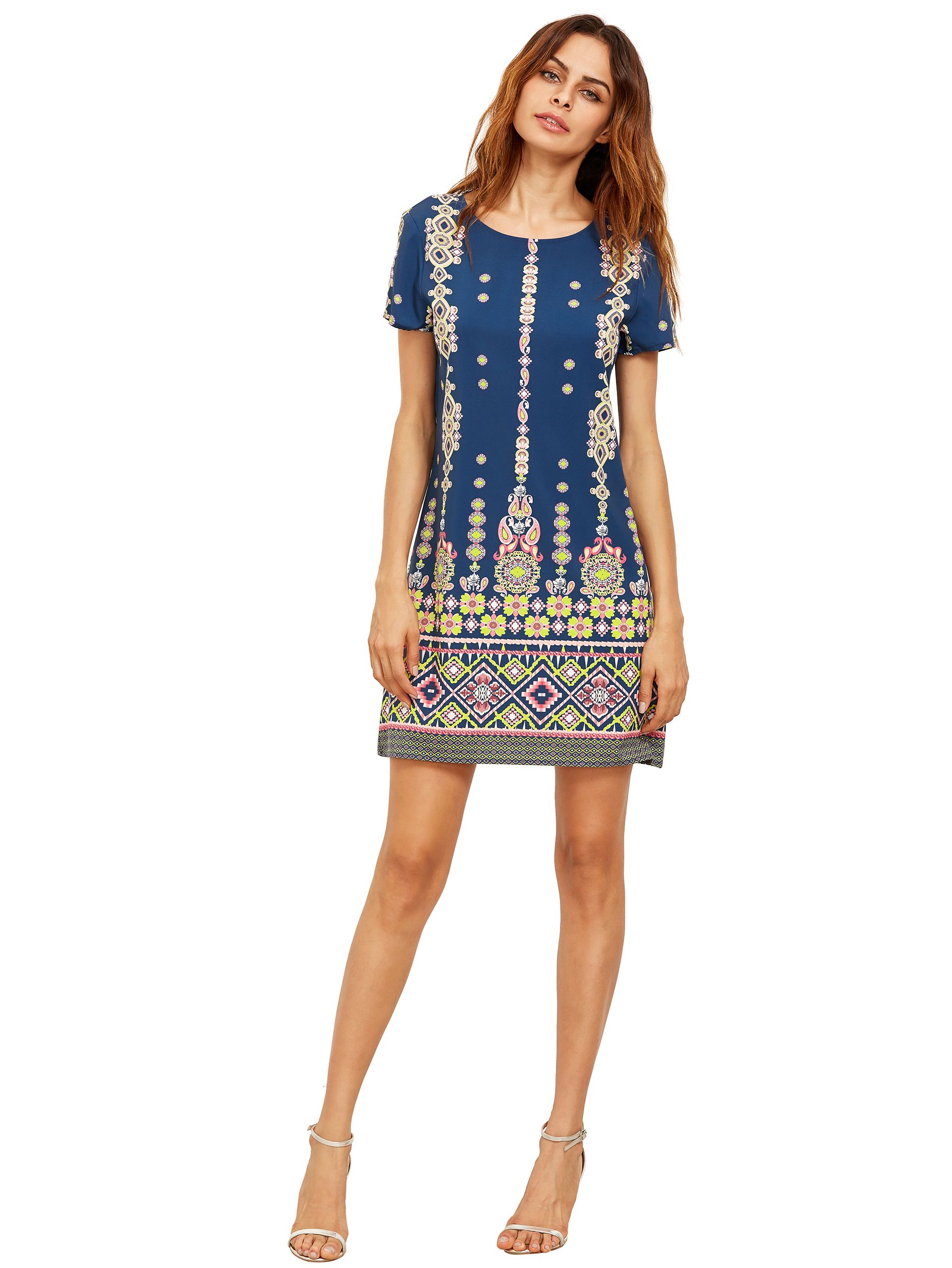 Pink In Blue Aztec Print Shift Dress