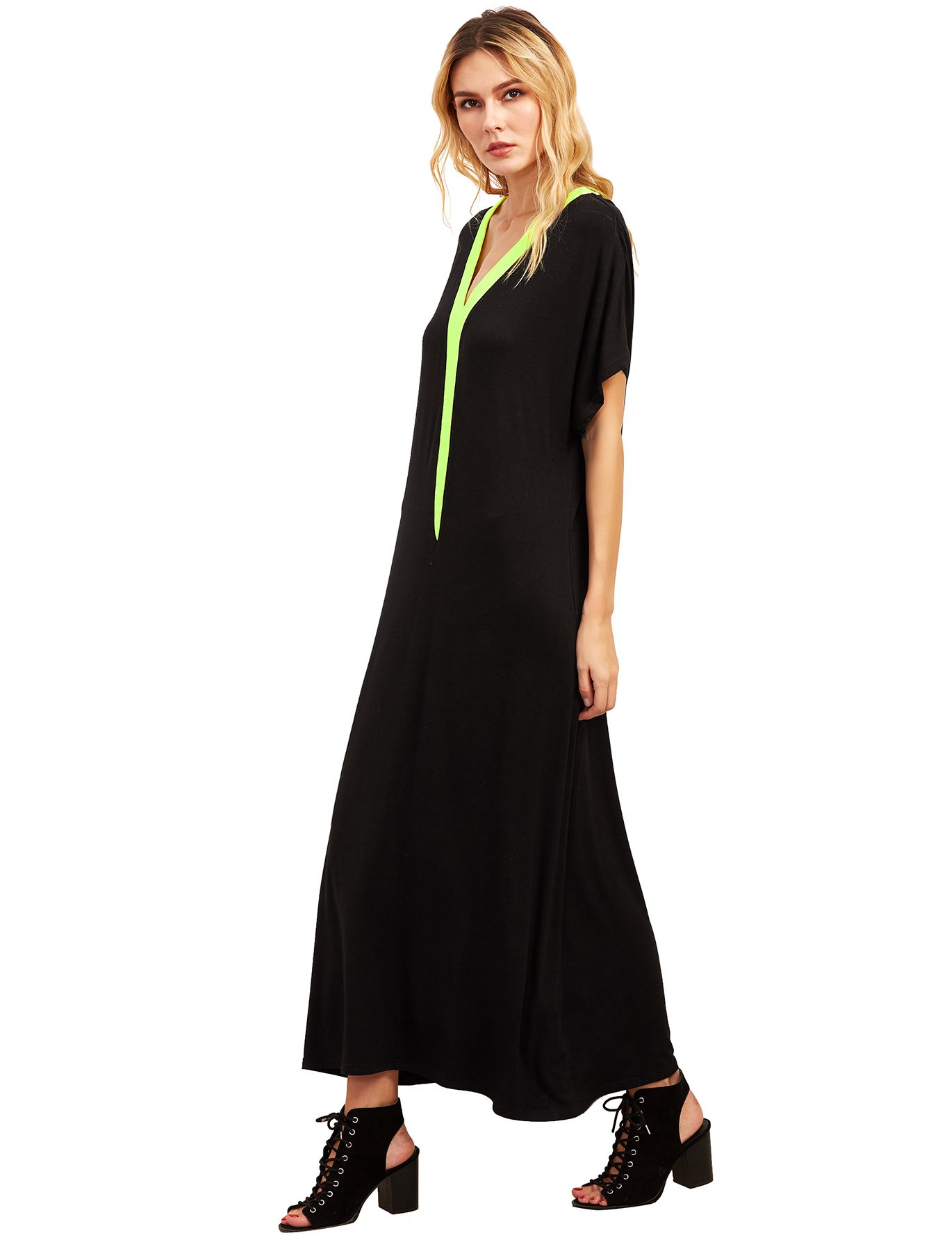 Black V Neck Short Sleeve Shift Maxi Dress