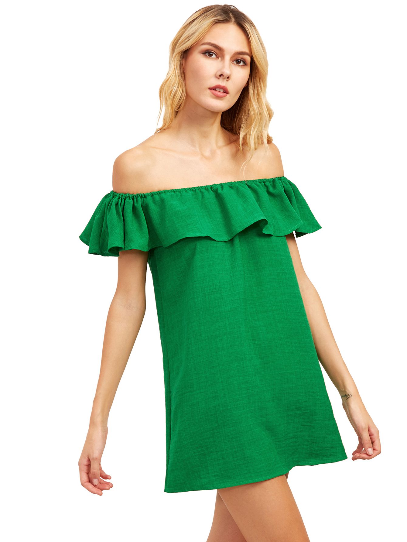 Flounce Off-The-Shoulder Dress - Green