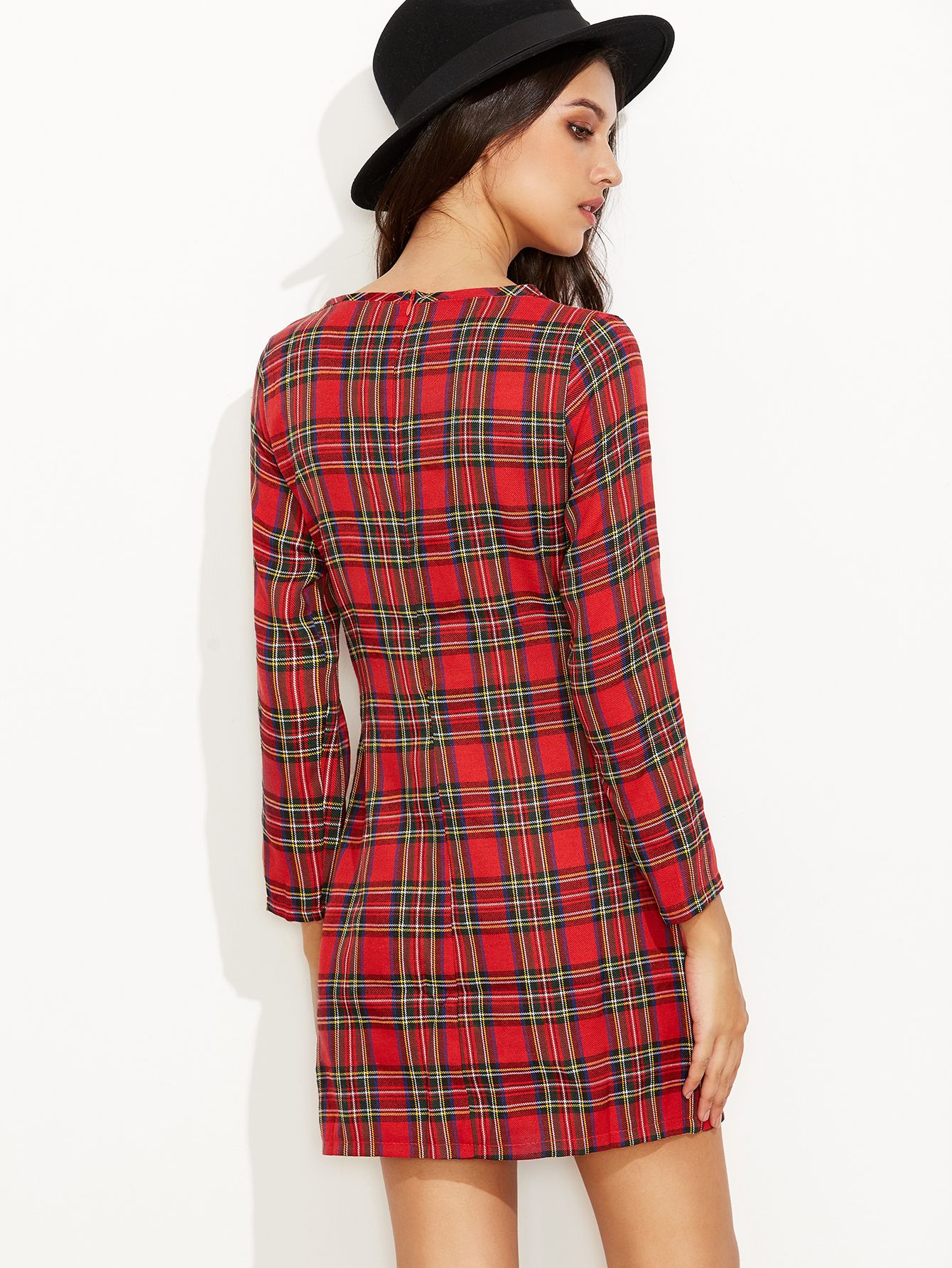 Red Plaid Zipper Back Long Sleeve Sheath Dress