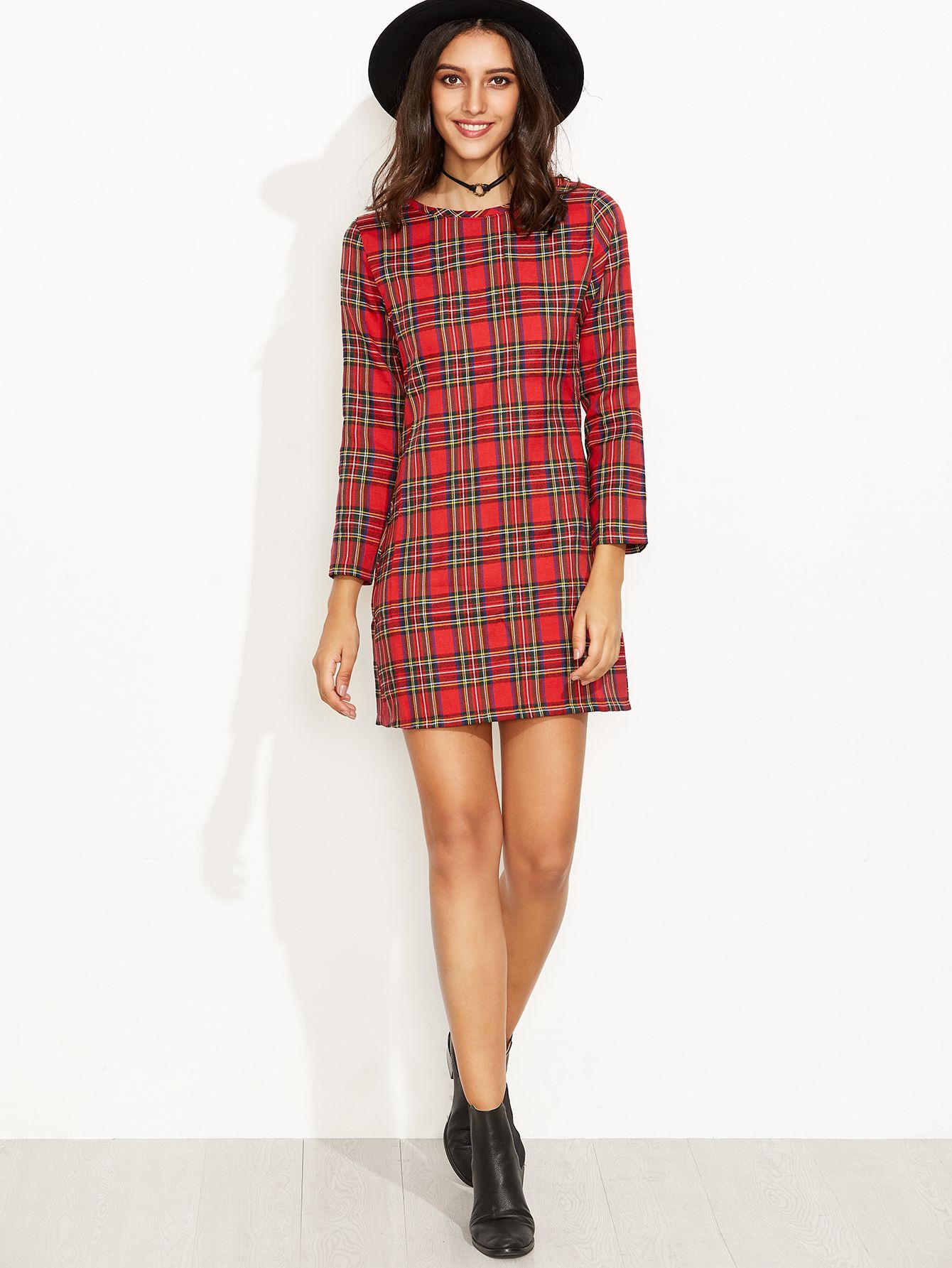 Red Plaid Zipper Back Long Sleeve Sheath Dress