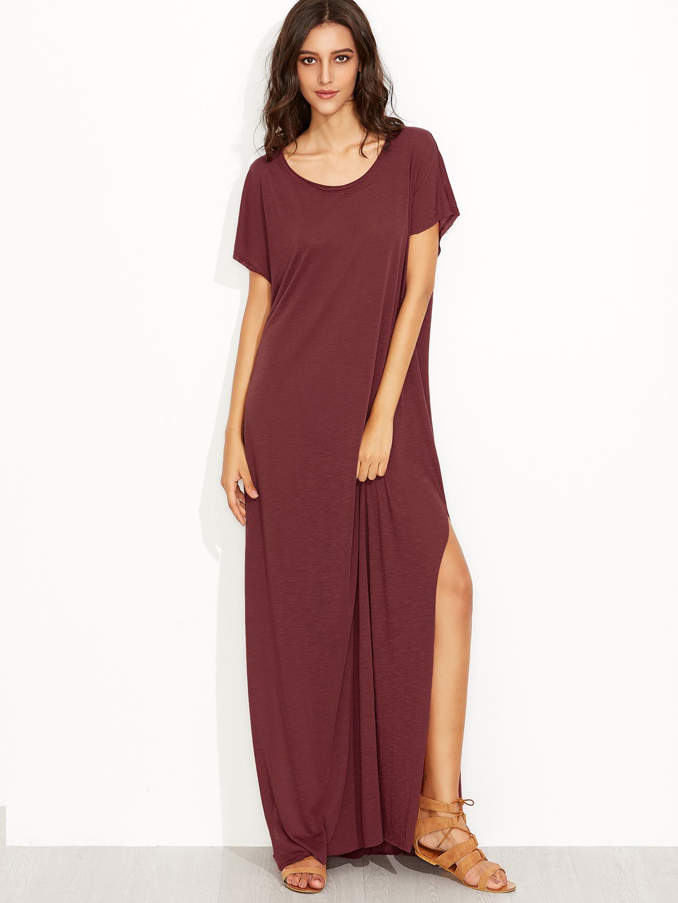 Burgundy Side Slit Loose Fit Maxi Tee Dress