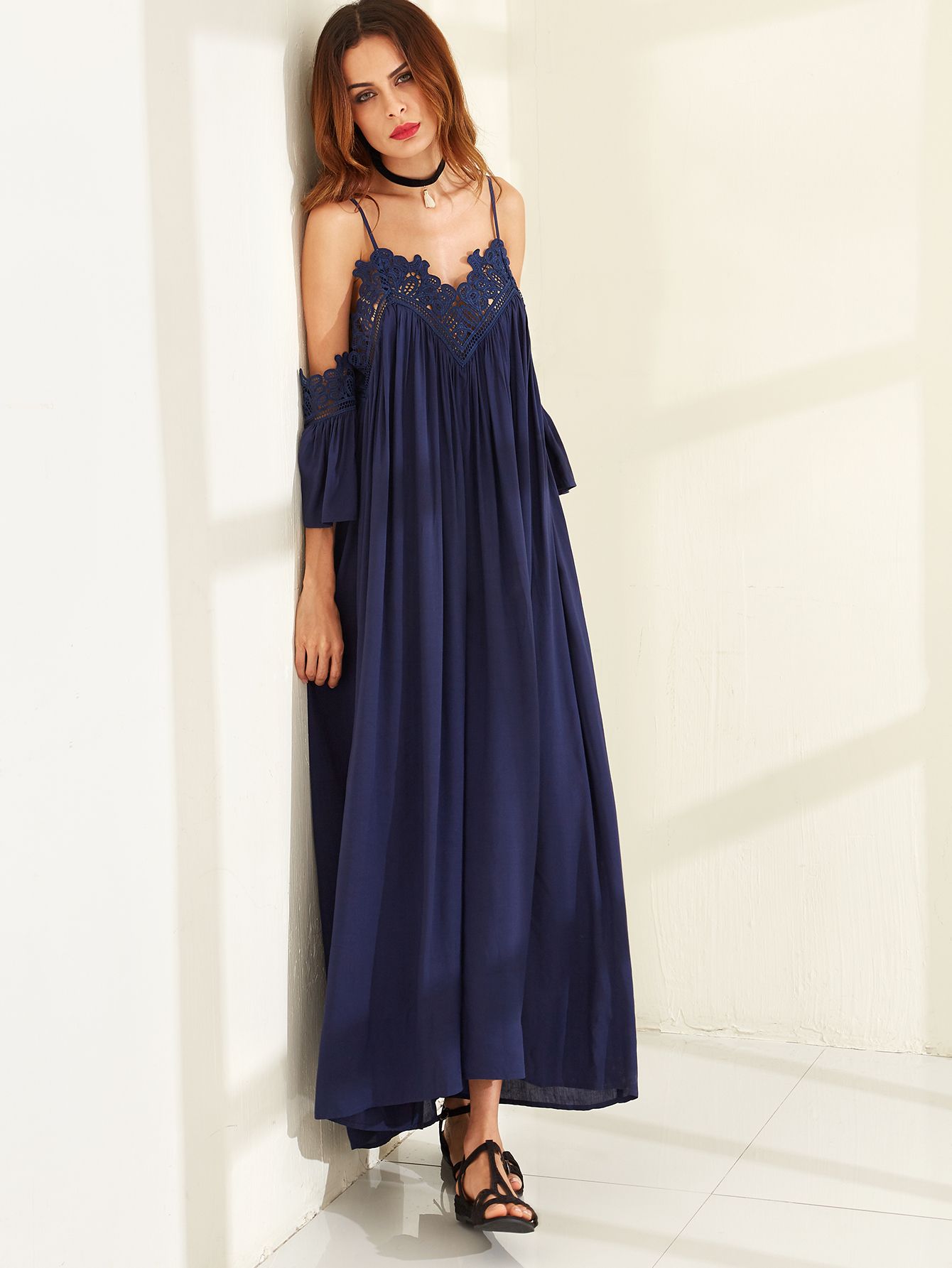 Navy Cold Shoulder Pleated Lace Trim Dress