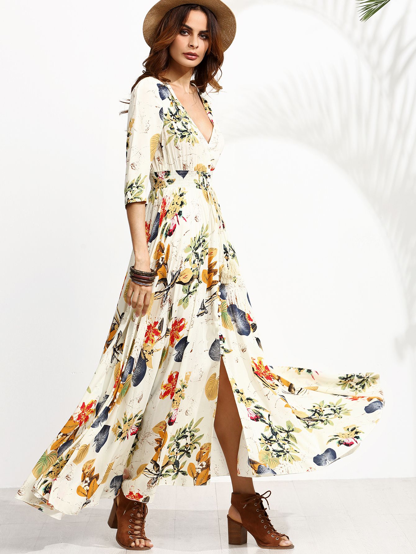 Floral Print Deep V Neck Drawstring Button Dress