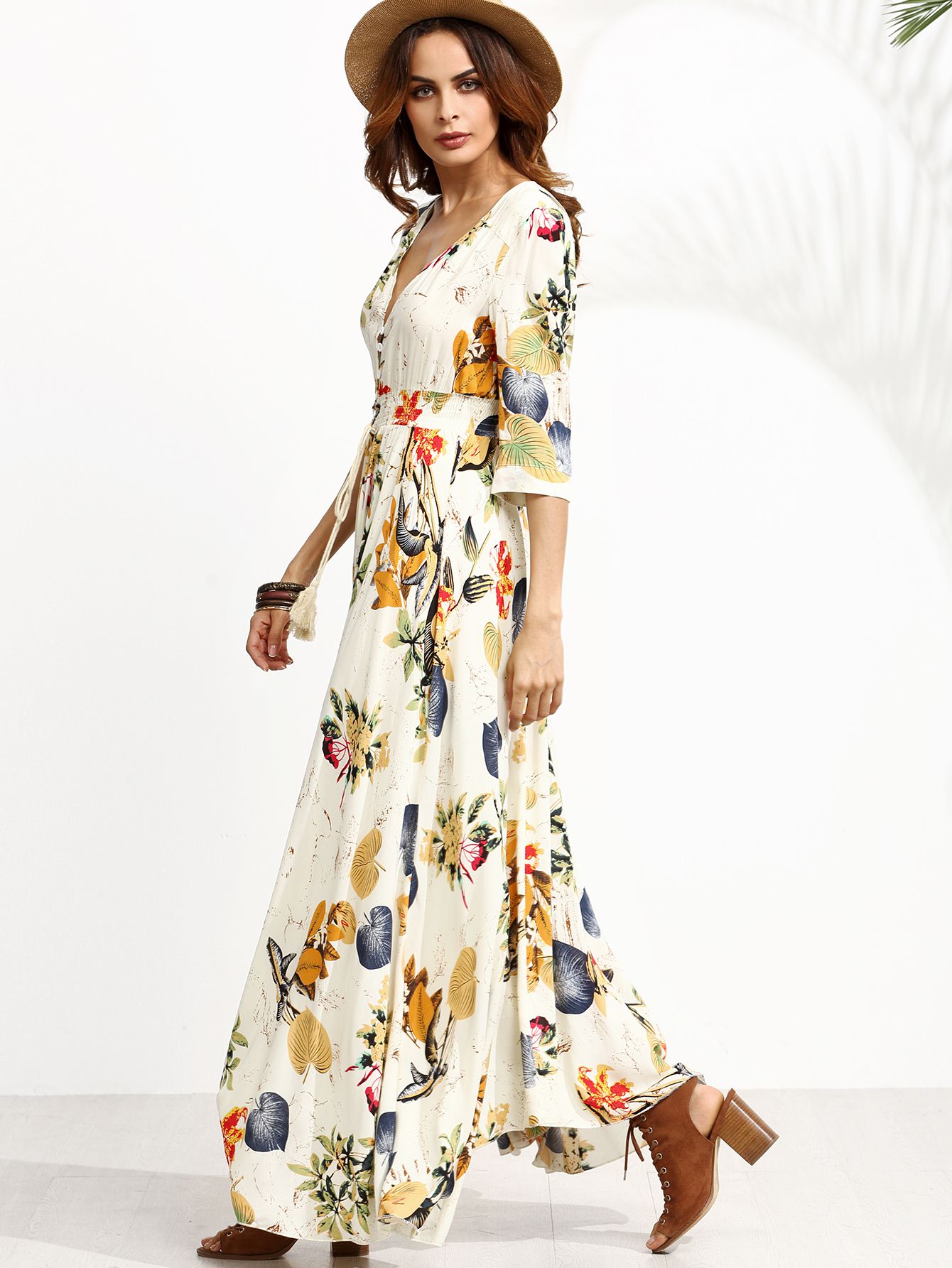 Floral Print Deep V Neck Drawstring Button Dress