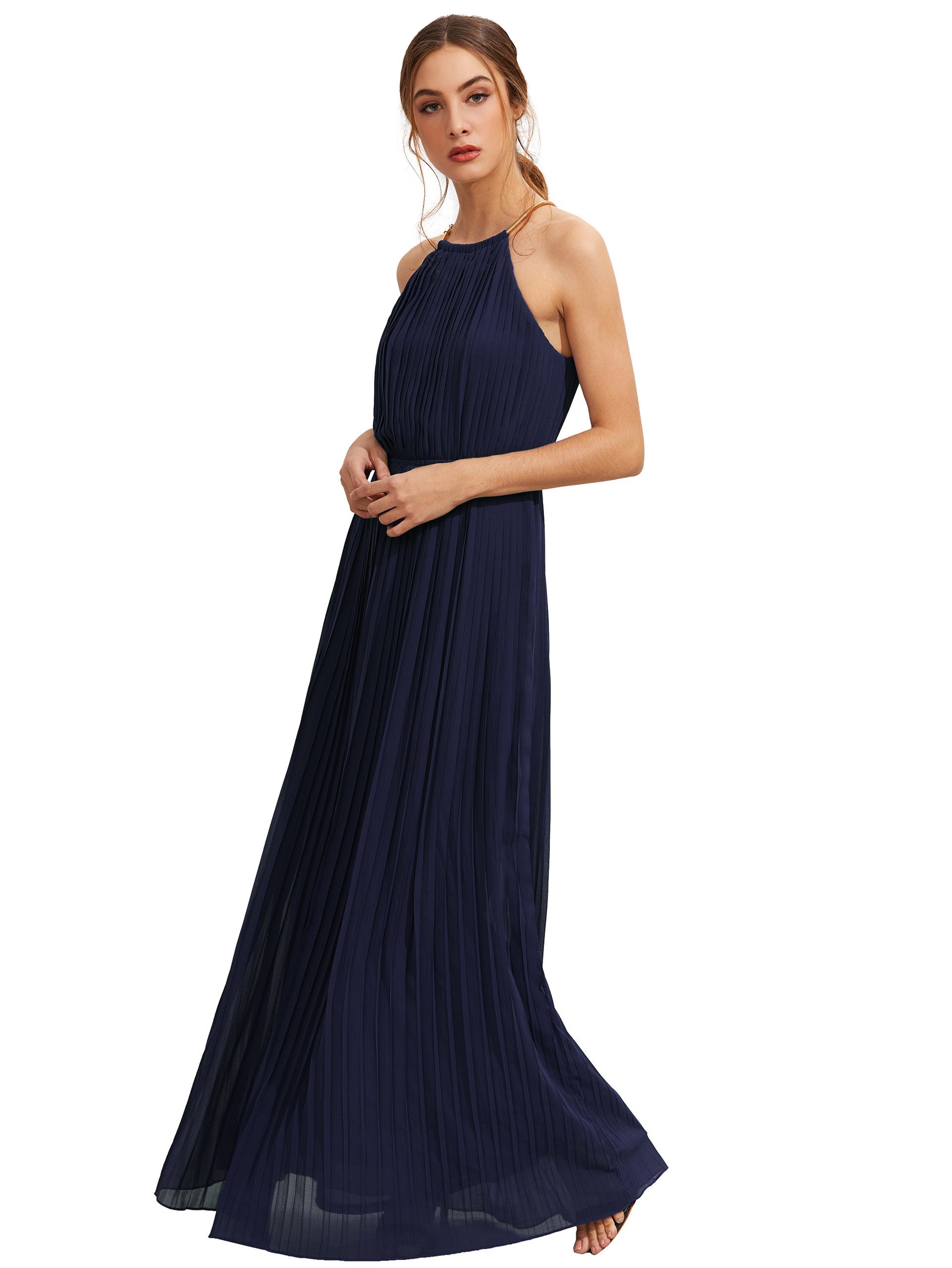 Navy Evening Sleeveless Halterneck Pleated Infinity Maxi Dress