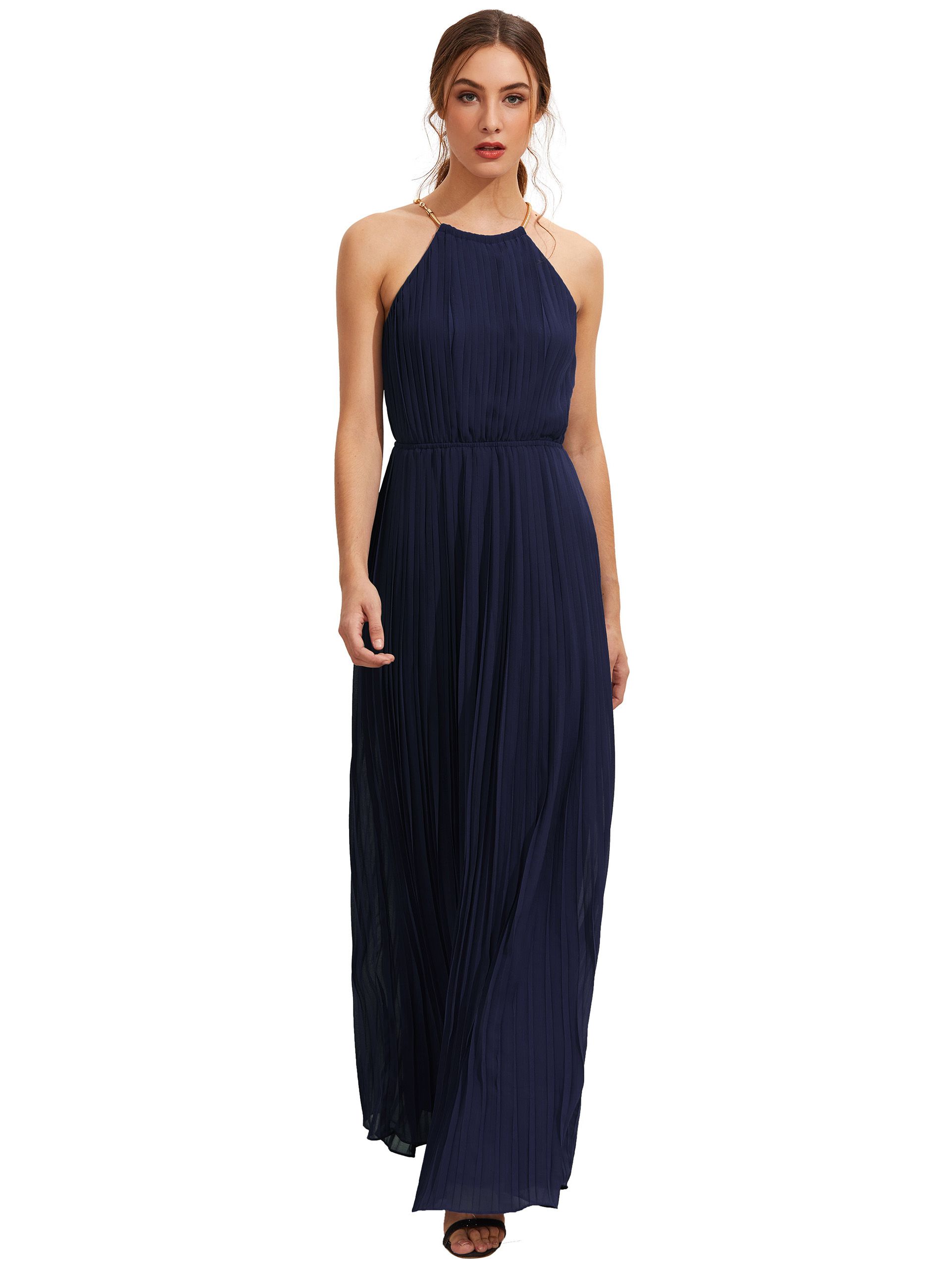 Navy Evening Sleeveless Halterneck Pleated Infinity Maxi Dress