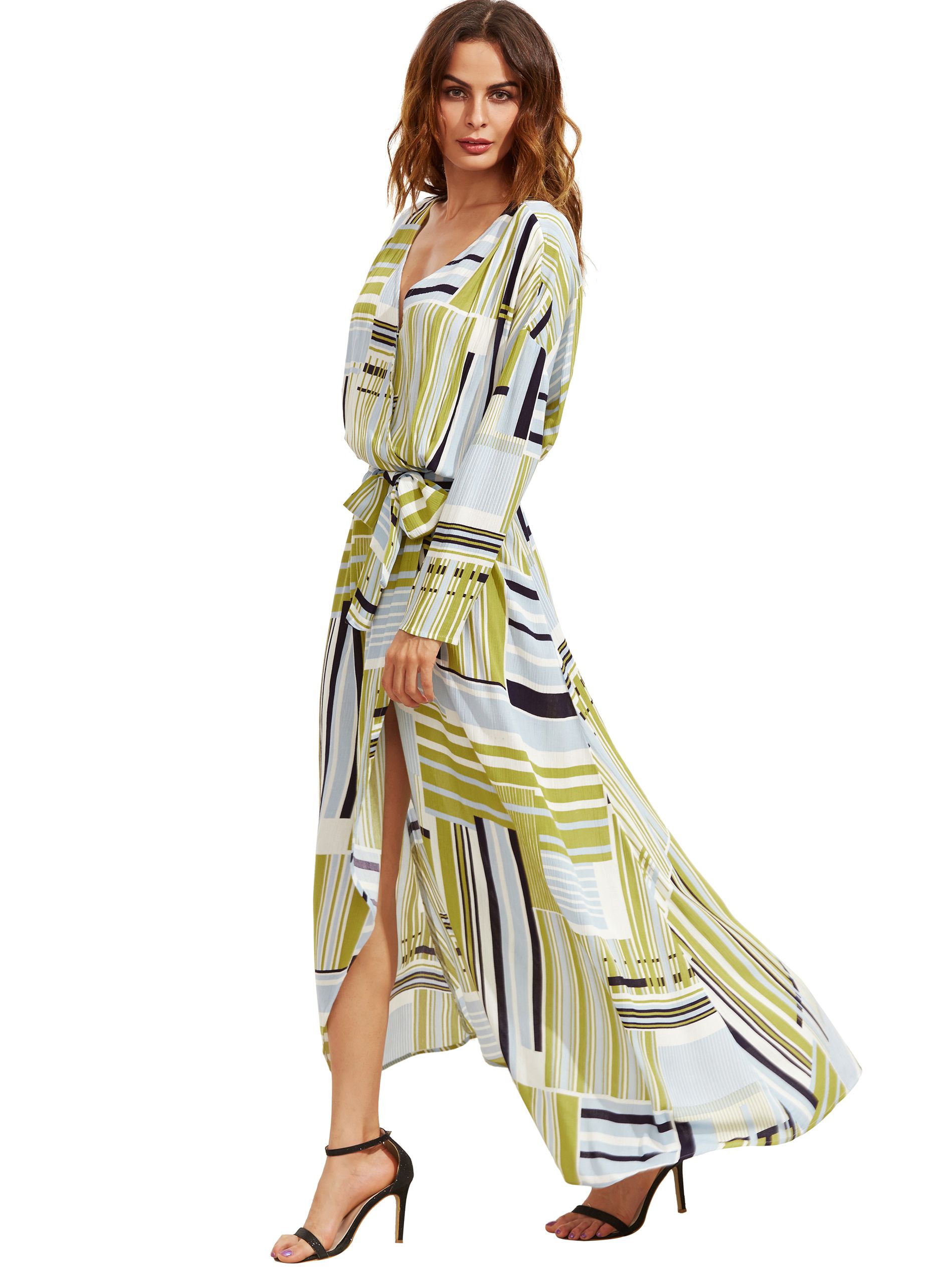 Multicolor Print V Neck Tie Waist Maxi Dress