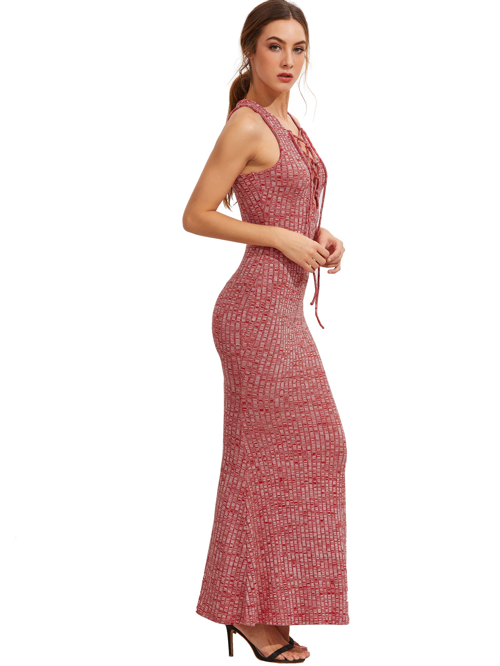 Dark Red Sleeveless Lace Up Maxi Dress