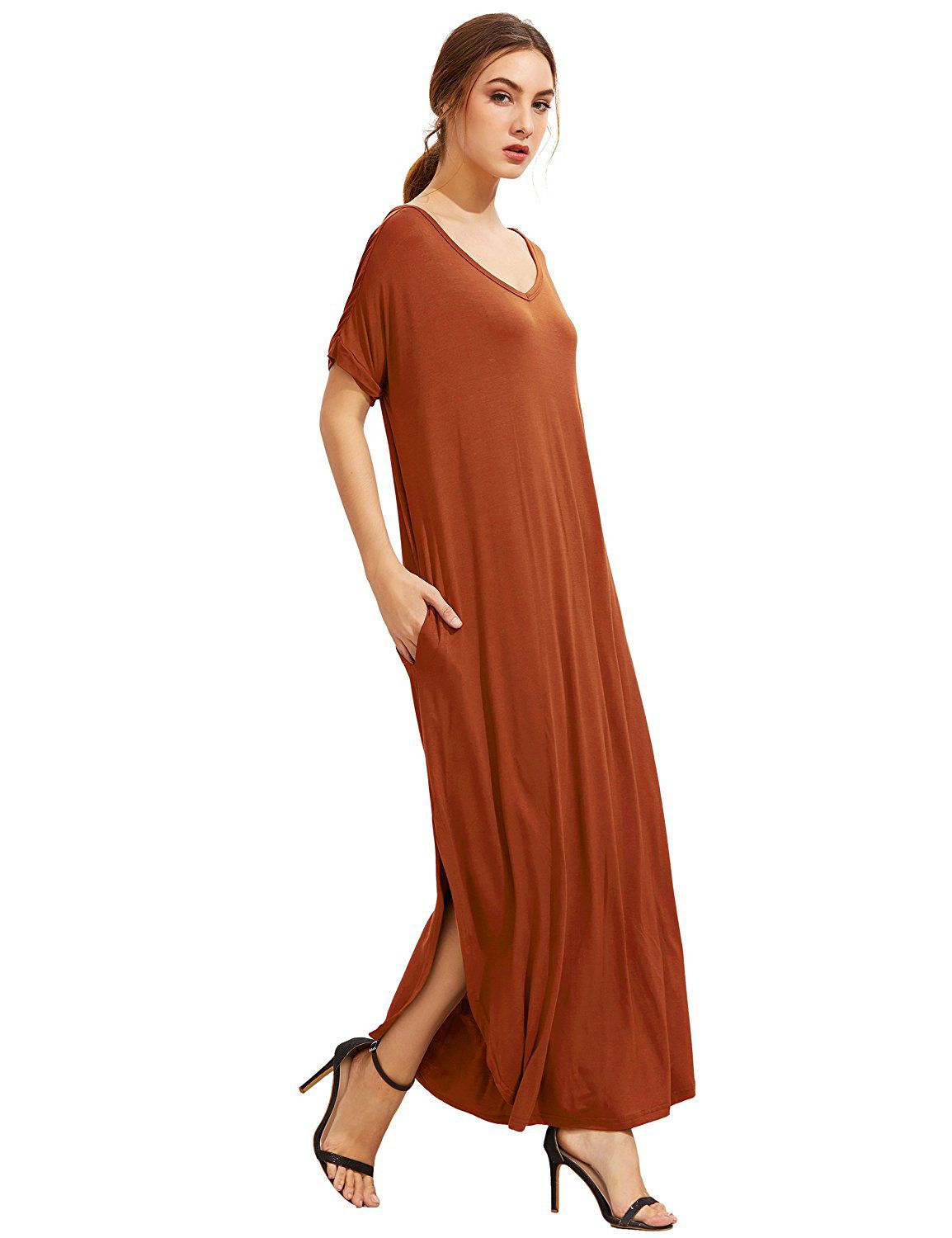 Orange Short Sleeve Pocket Split Side Dress