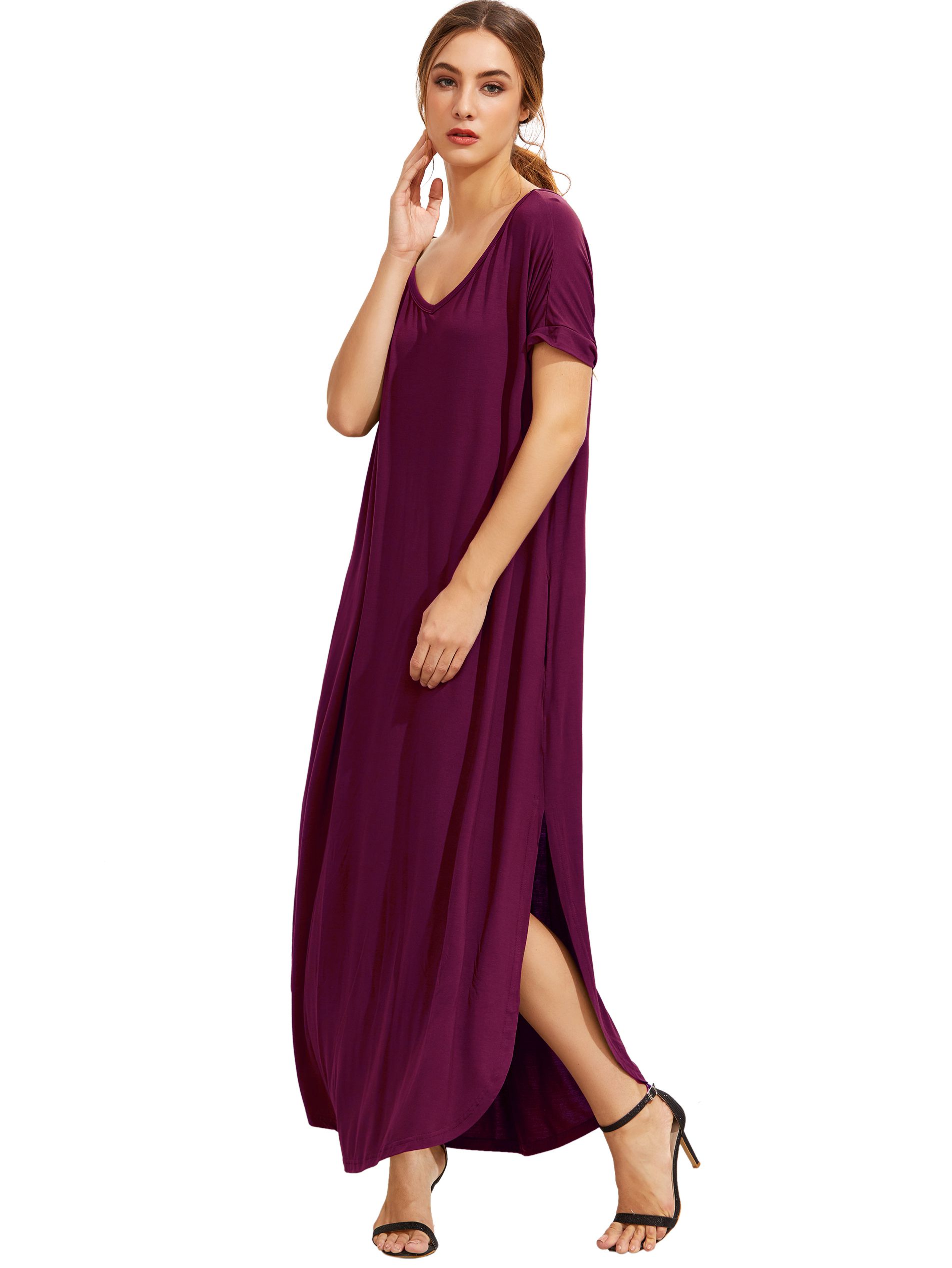 Purple Short Sleeve Pocket Split Side Dress