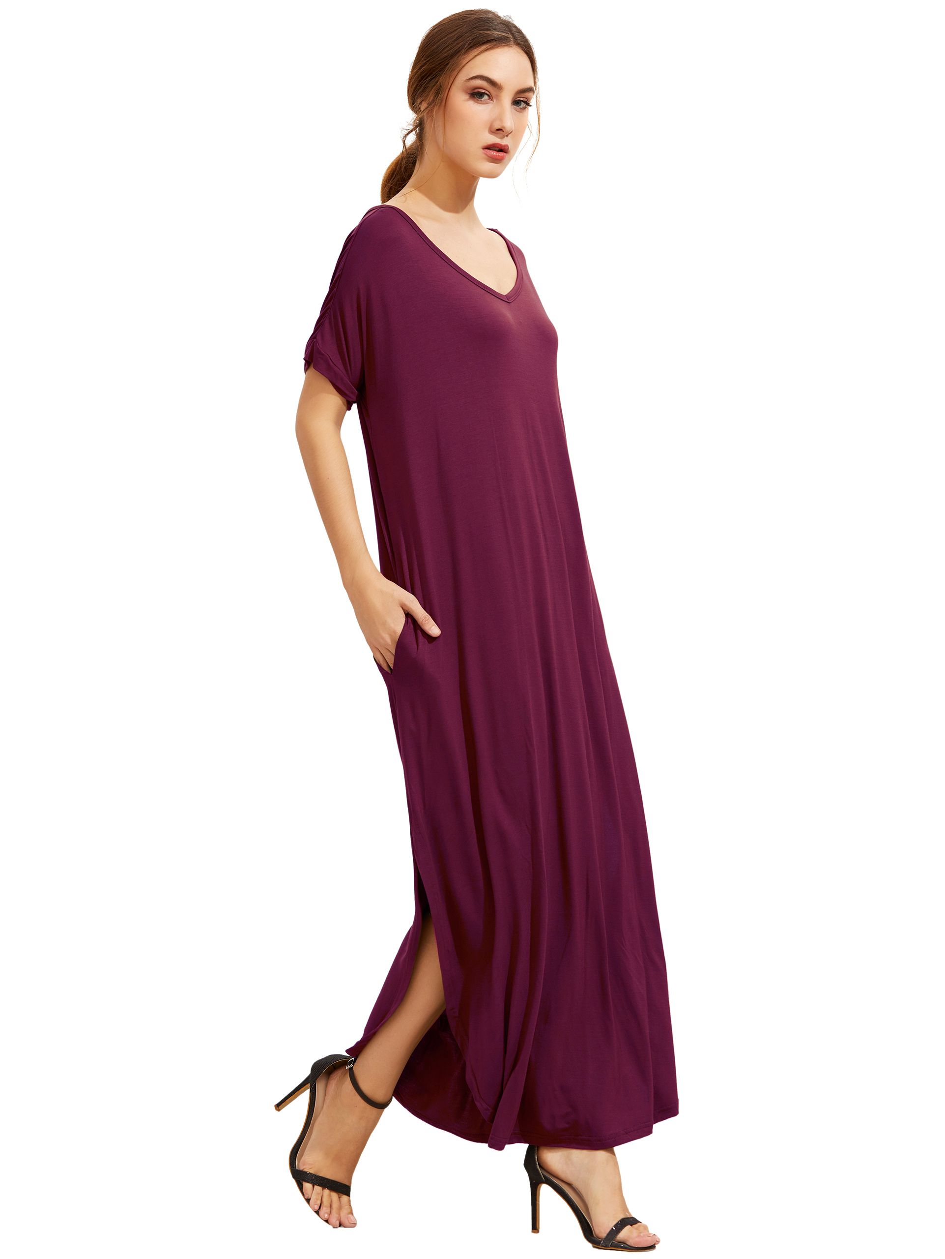 Purple Short Sleeve Pocket Split Side Dress