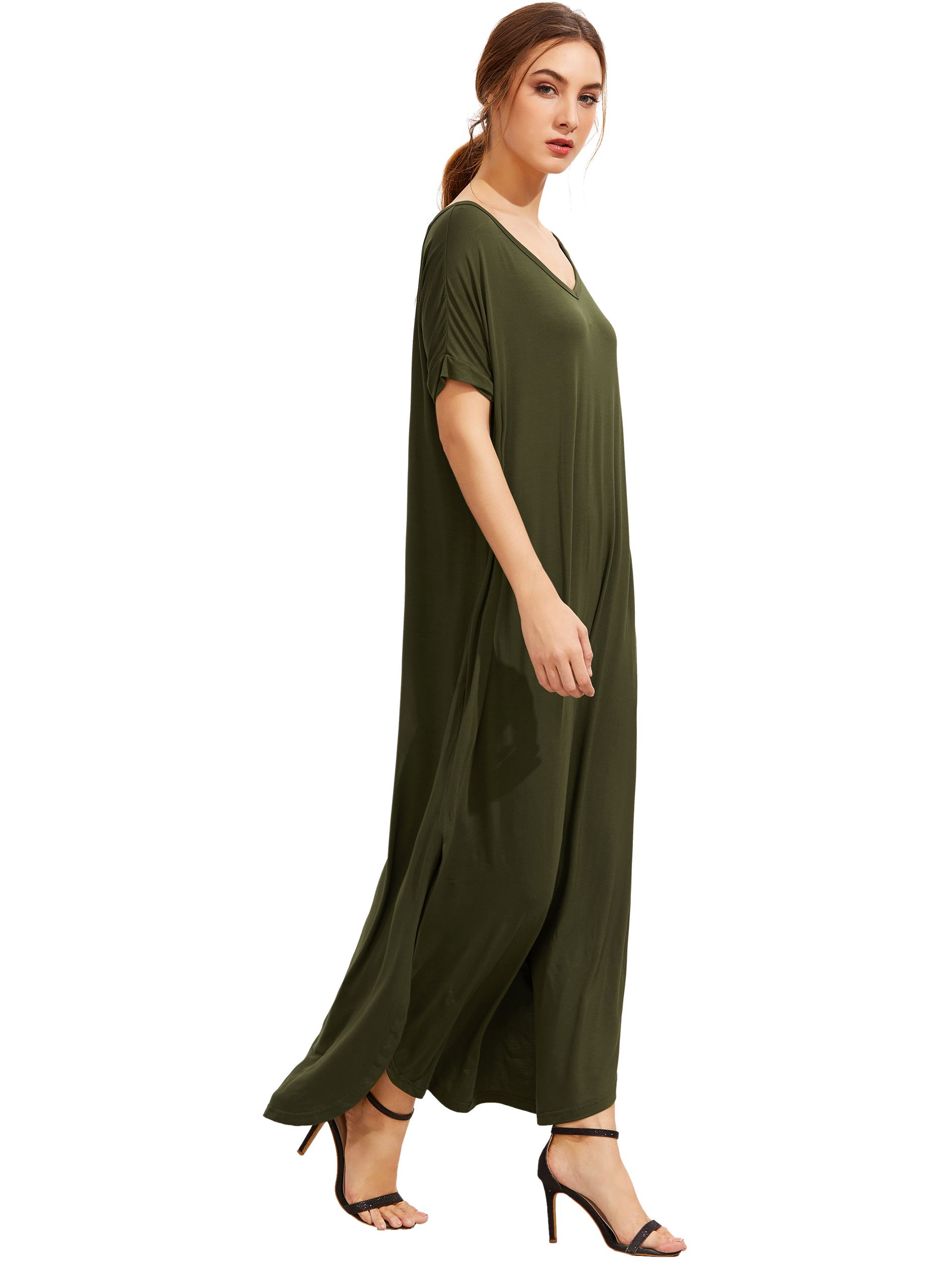 Green Short Sleeve Pocket Split Side Dress