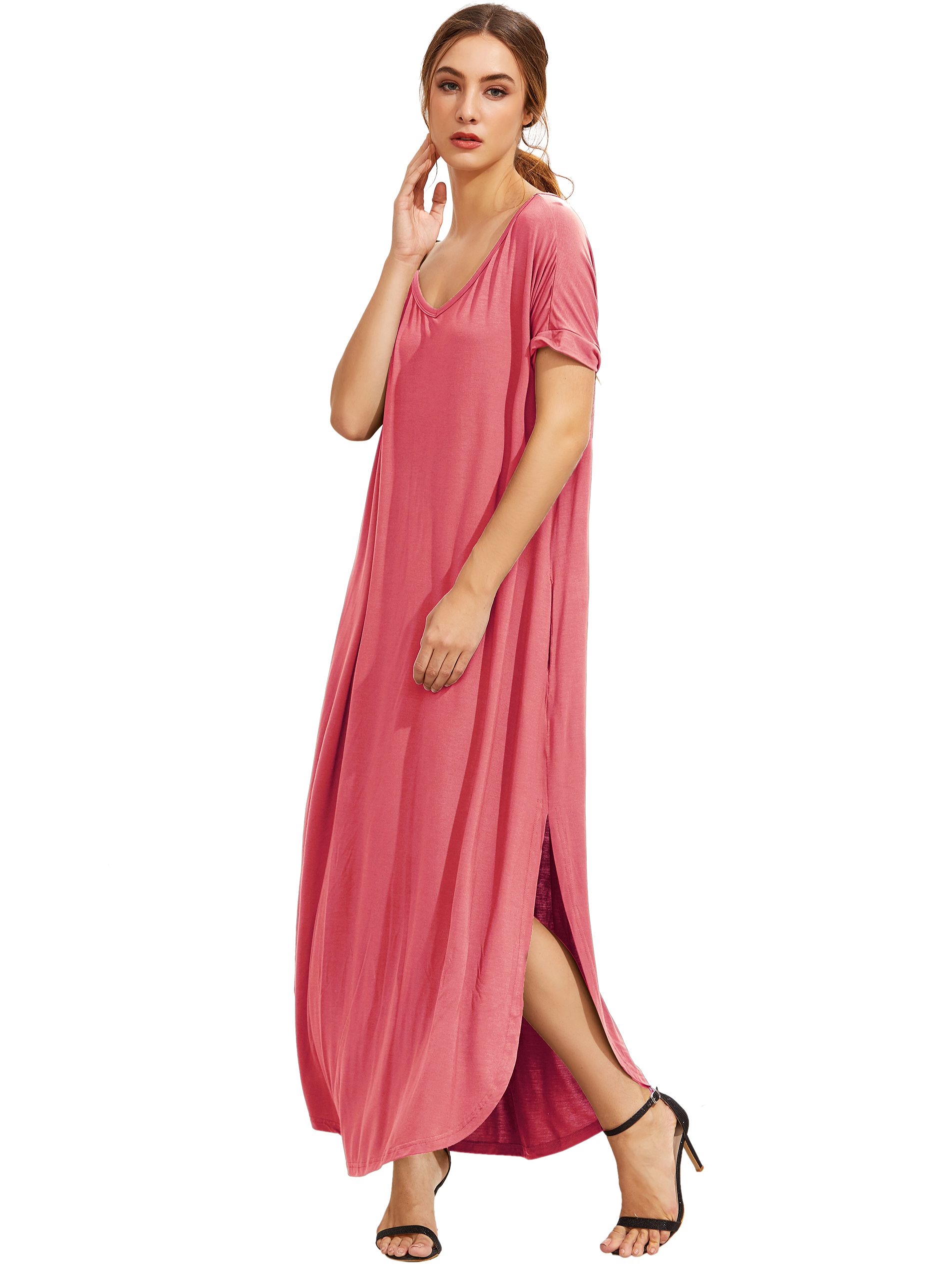 Dark Pink Sleeve Pocket Split Side Dress