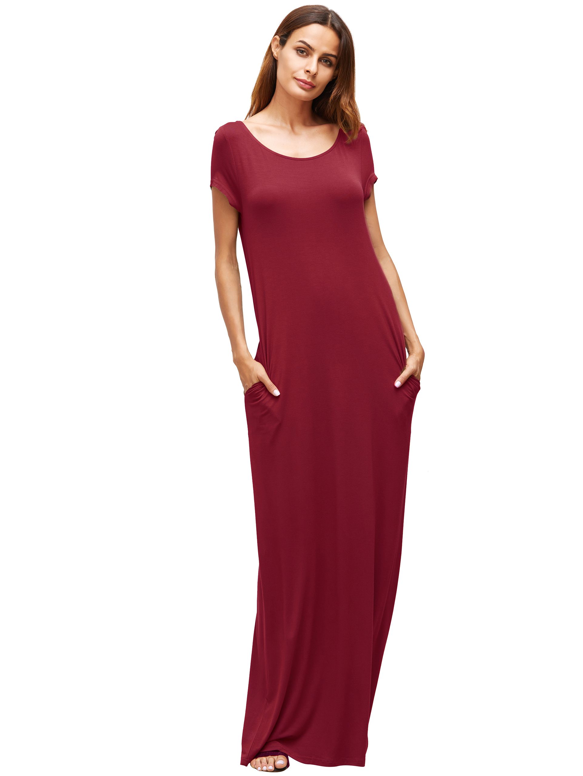 Red Pocket Short Sleeve Maxi Dress