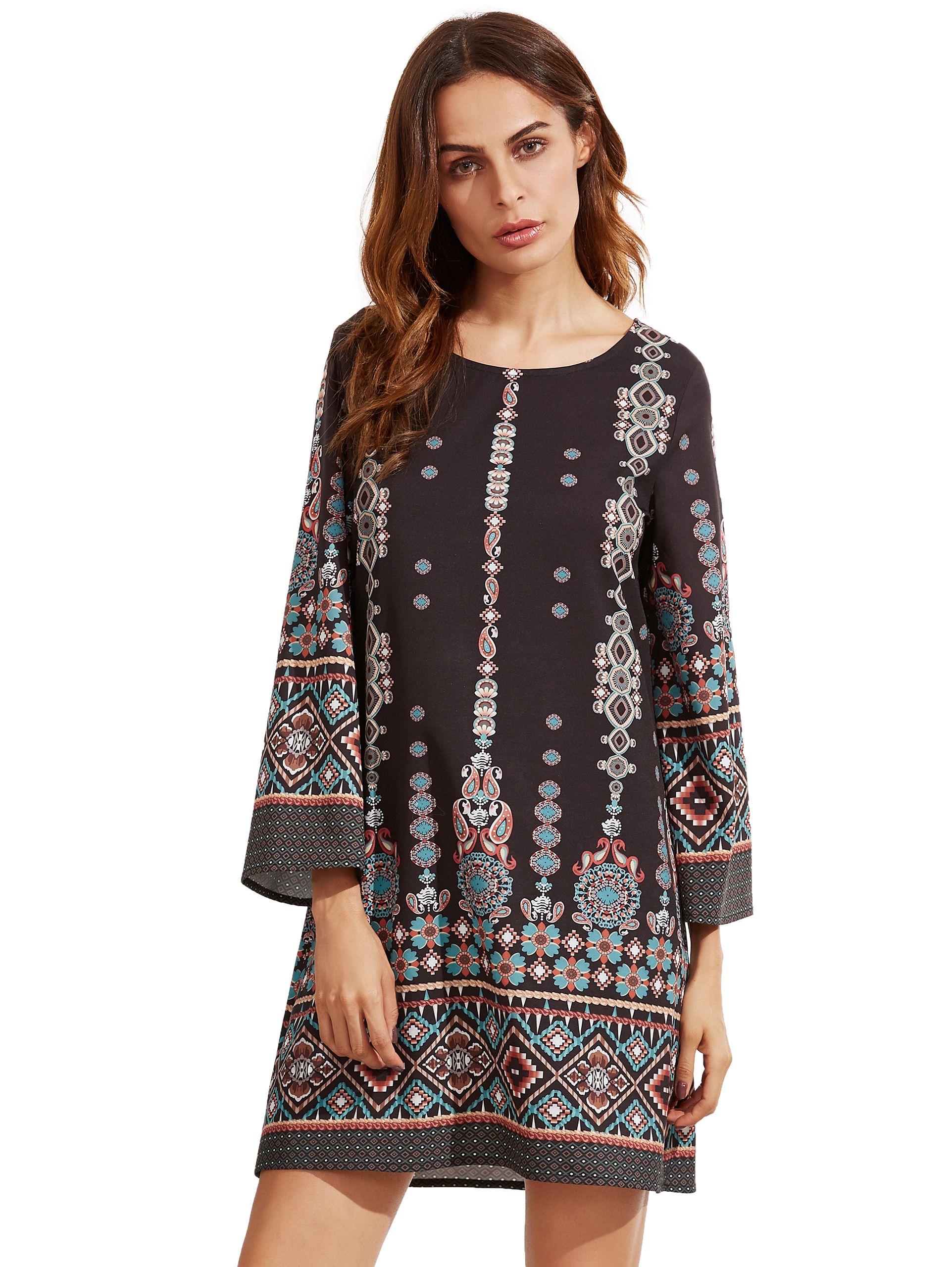 Black Aztec Print Shift Dress