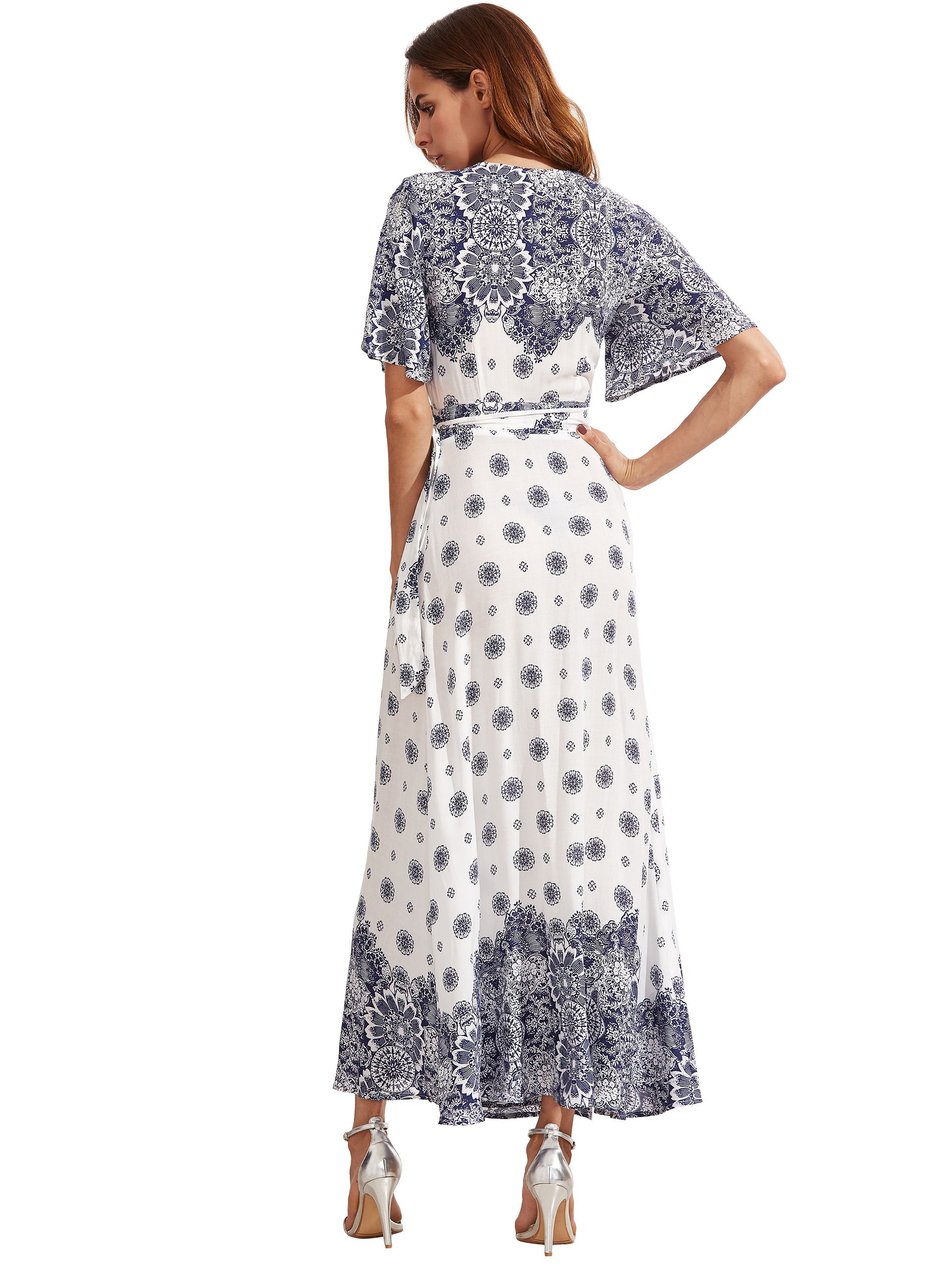 White Print V Neck Half Sleeve Split Dress