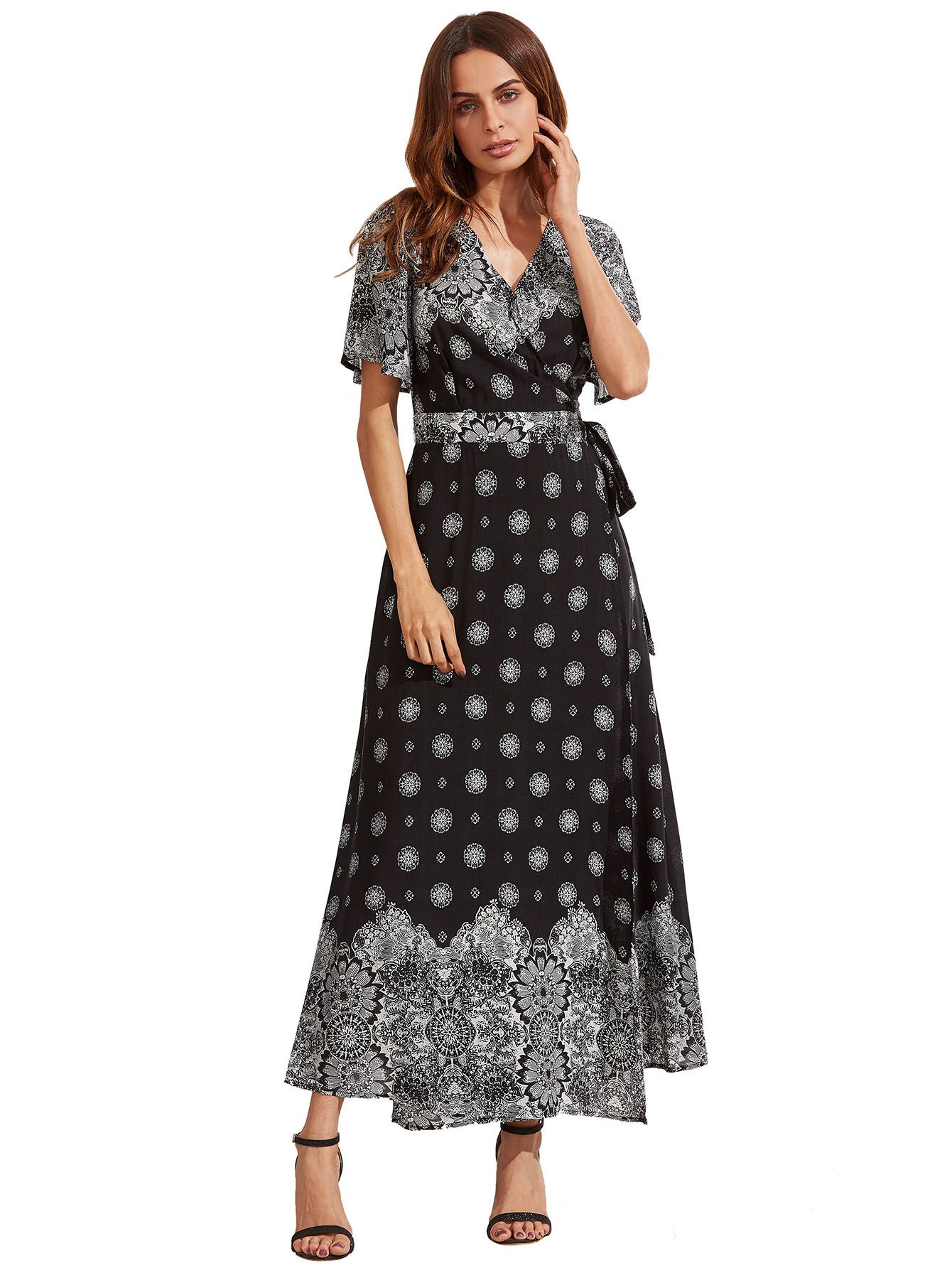 Black Print V Neck Half Sleeve Split Dress