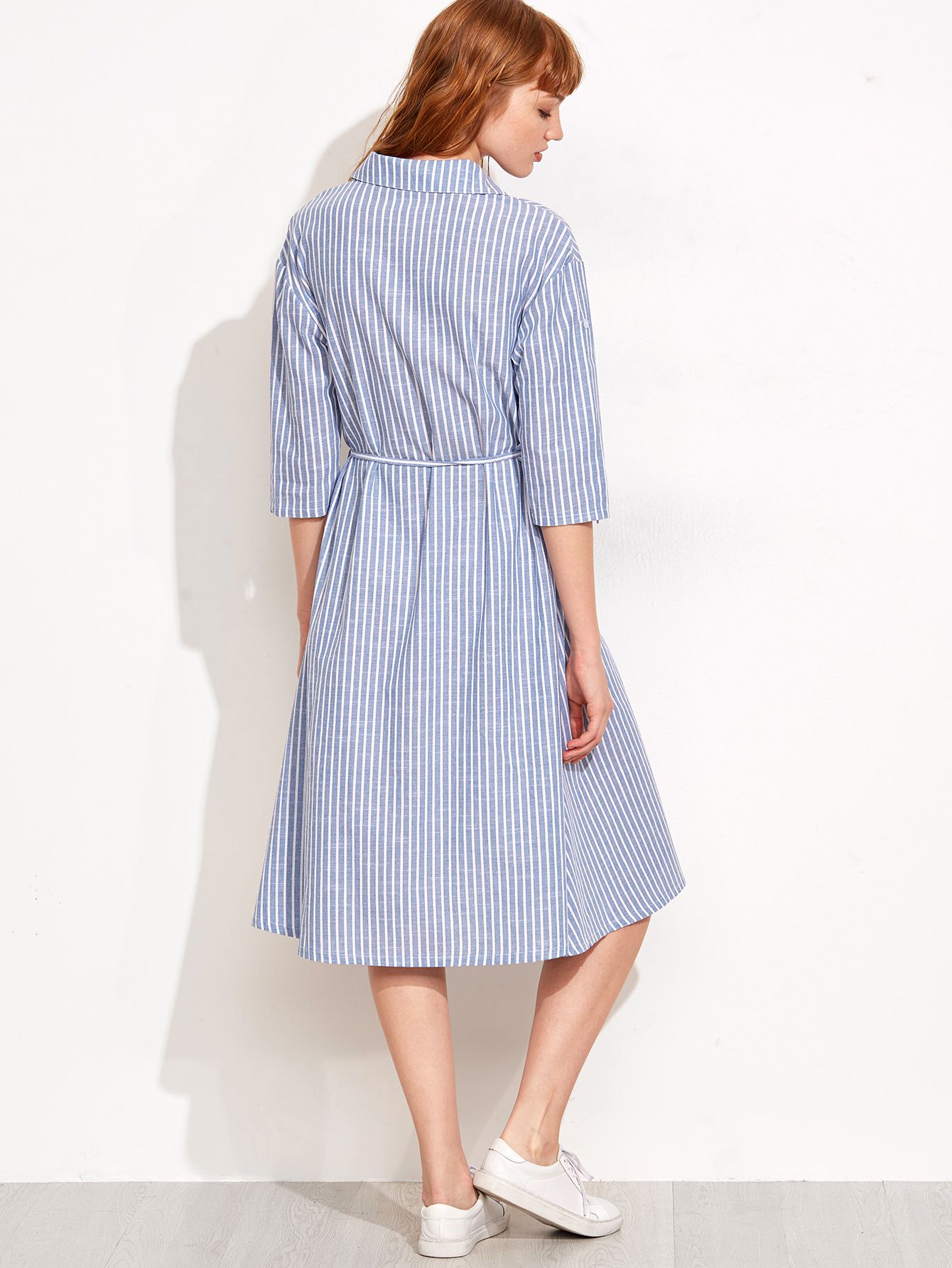 Blue Vertical Stripe Self Tie Shirt Dress